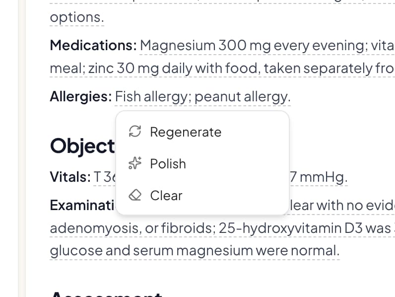 A filled field in the note opened to a small menu offering Regenerate, Polish and Clear
