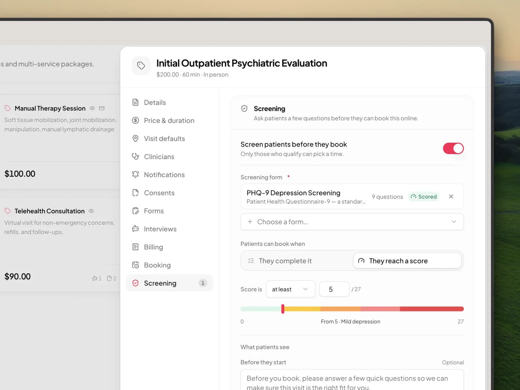 The Screening tab of the Initial Outpatient Psychiatric Evaluation service, with Screen patients before they book switched on, PHQ-9 Depression Screening chosen as the screening form, They reach a score selected, and the threshold set to at least 5 out of 27