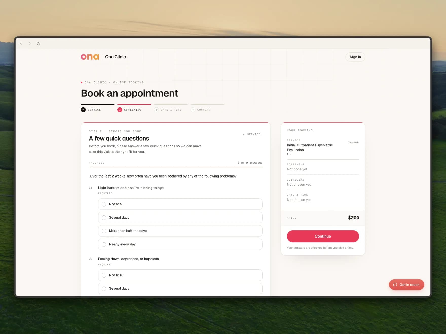 The patient booking page on step 2 of 4, Screening, showing A few quick questions with PHQ-9 items and a progress counter, and a booking summary noting that answers are checked before you pick a time