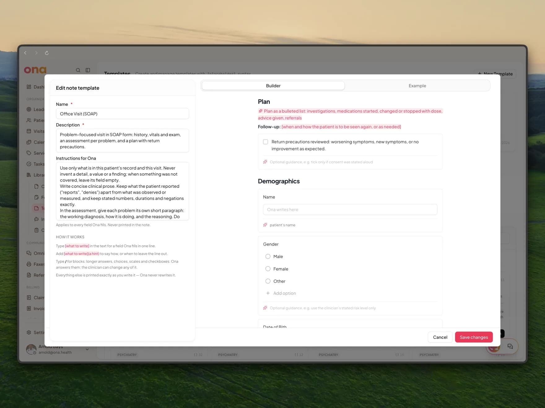 A Demographics section of the template showing a Name field with an Ona writes here placeholder and the instruction patient's name, and a Gender question with Male, Female and Other options