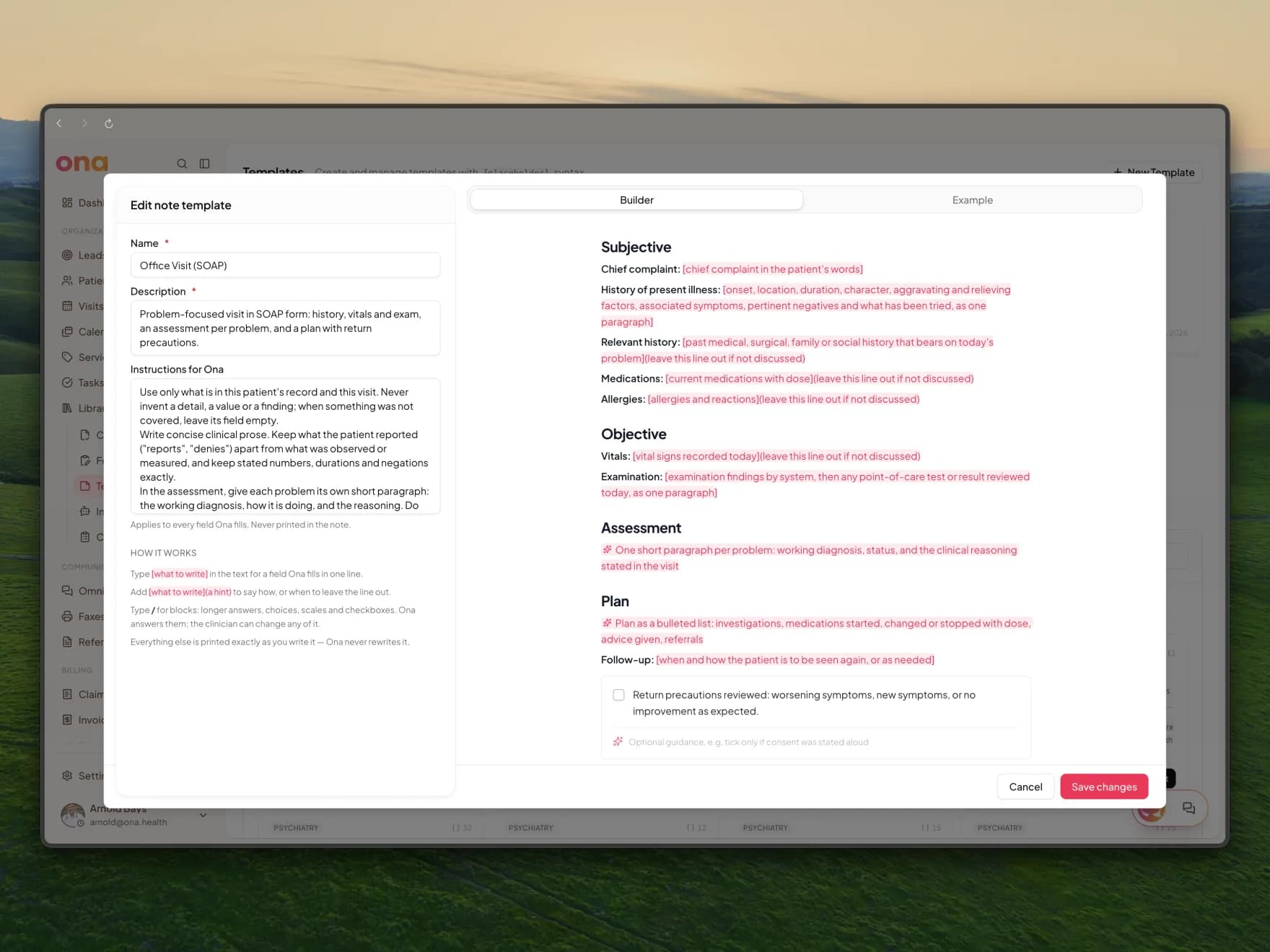The Edit note template dialog open full-screen on an Office Visit (SOAP) template, with the settings card on the left and the SOAP document on the right, its bracketed fields picked out in coral