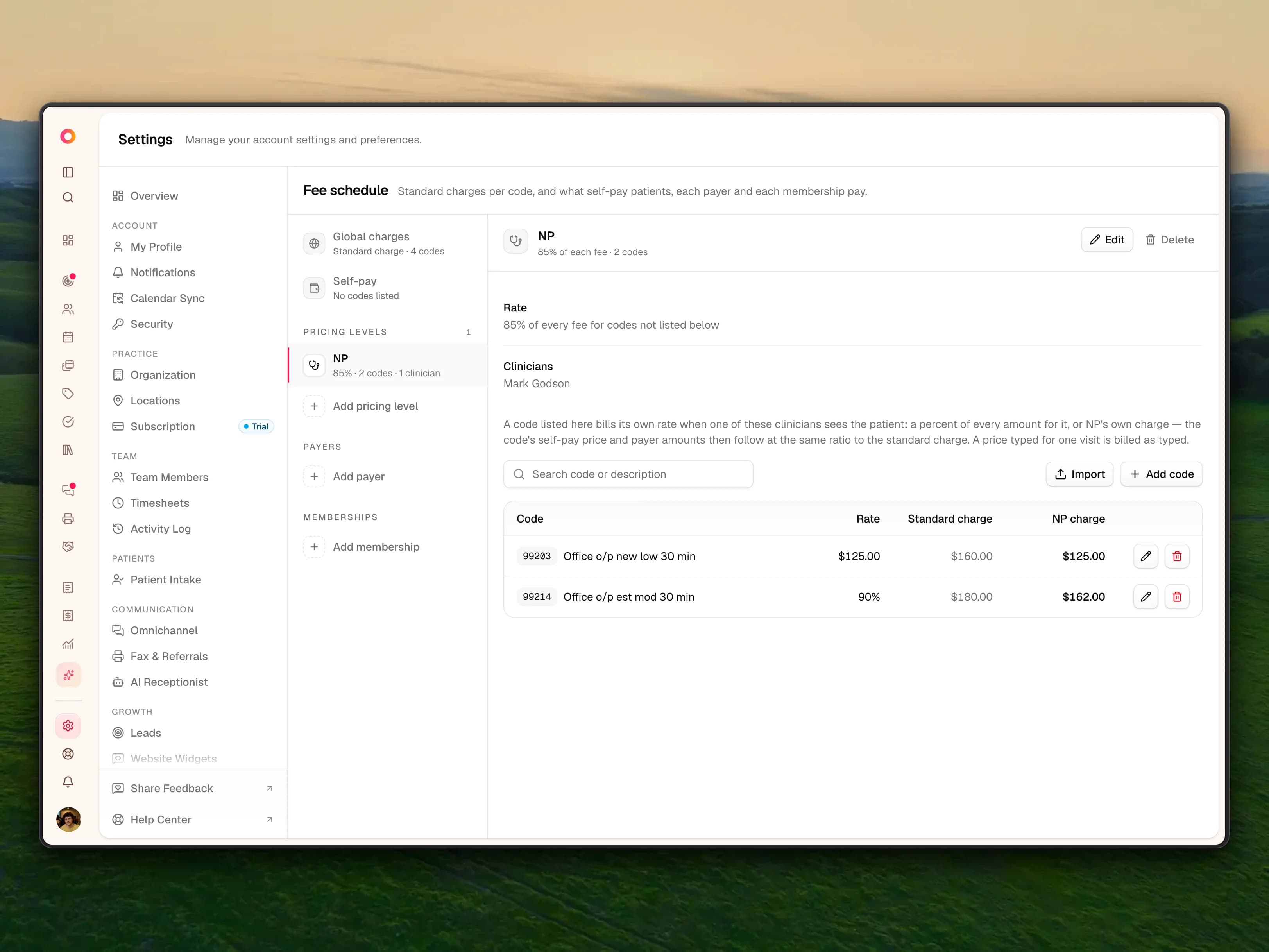 Settings → Fee schedule with the NP pricing level selected under Pricing levels: 85% of every fee for codes not listed below, with Mark Godson as its clinician. Its two codes: 99203 Office o/p new low 30 min at a $125.00 rate against the $160.00 standard charge, and 99214 Office o/p est mod 30 min at 90%, an NP charge of $162.00 against $180.00