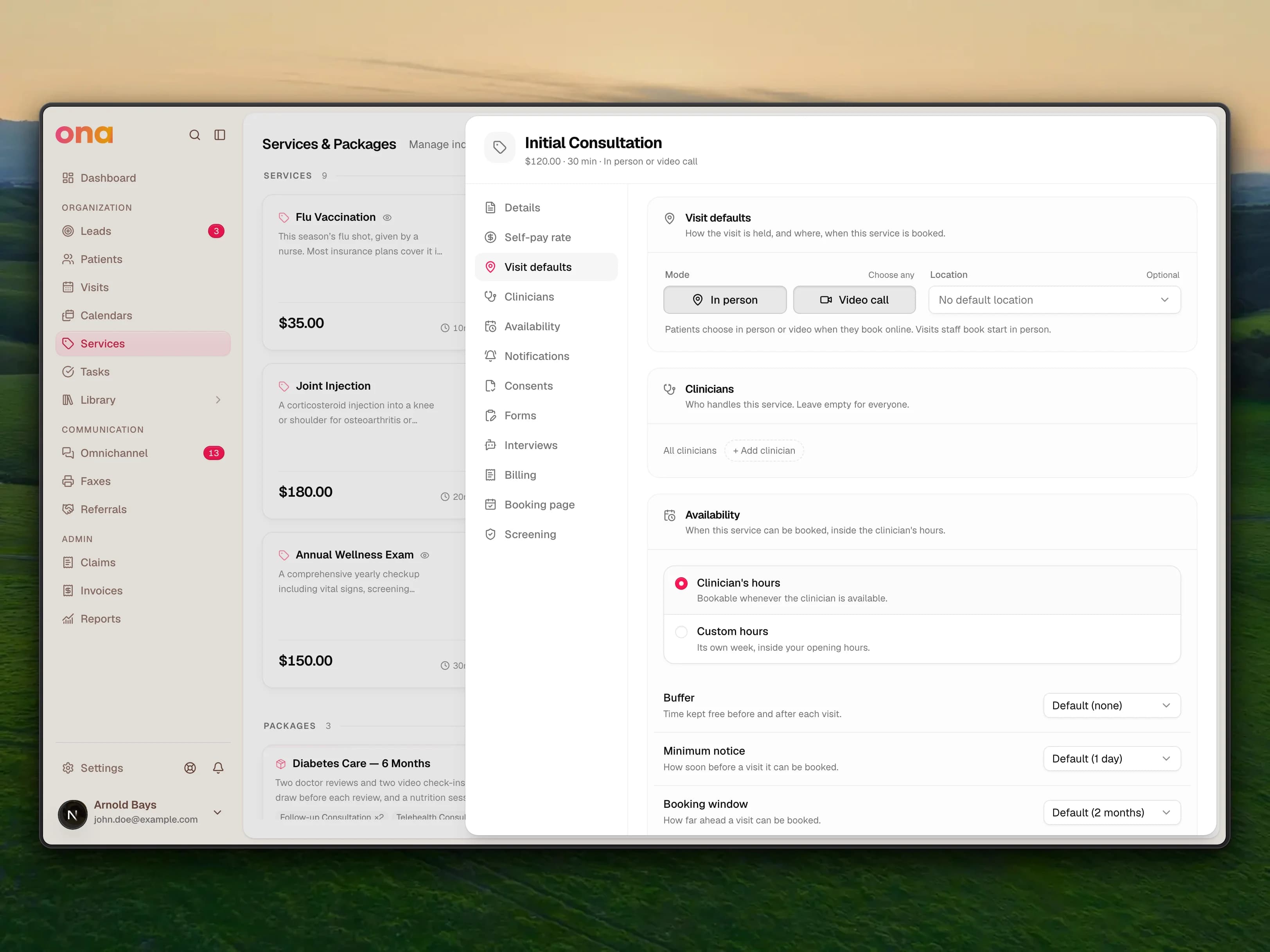 The Initial Consultation service sheet open at Visit defaults: Mode with both In person and Video call turned on, Location set to No default location, and the line Patients choose in person or video when they book online. Visits staff book start in person. The header reads $120.00 · 30 min · In person or video call