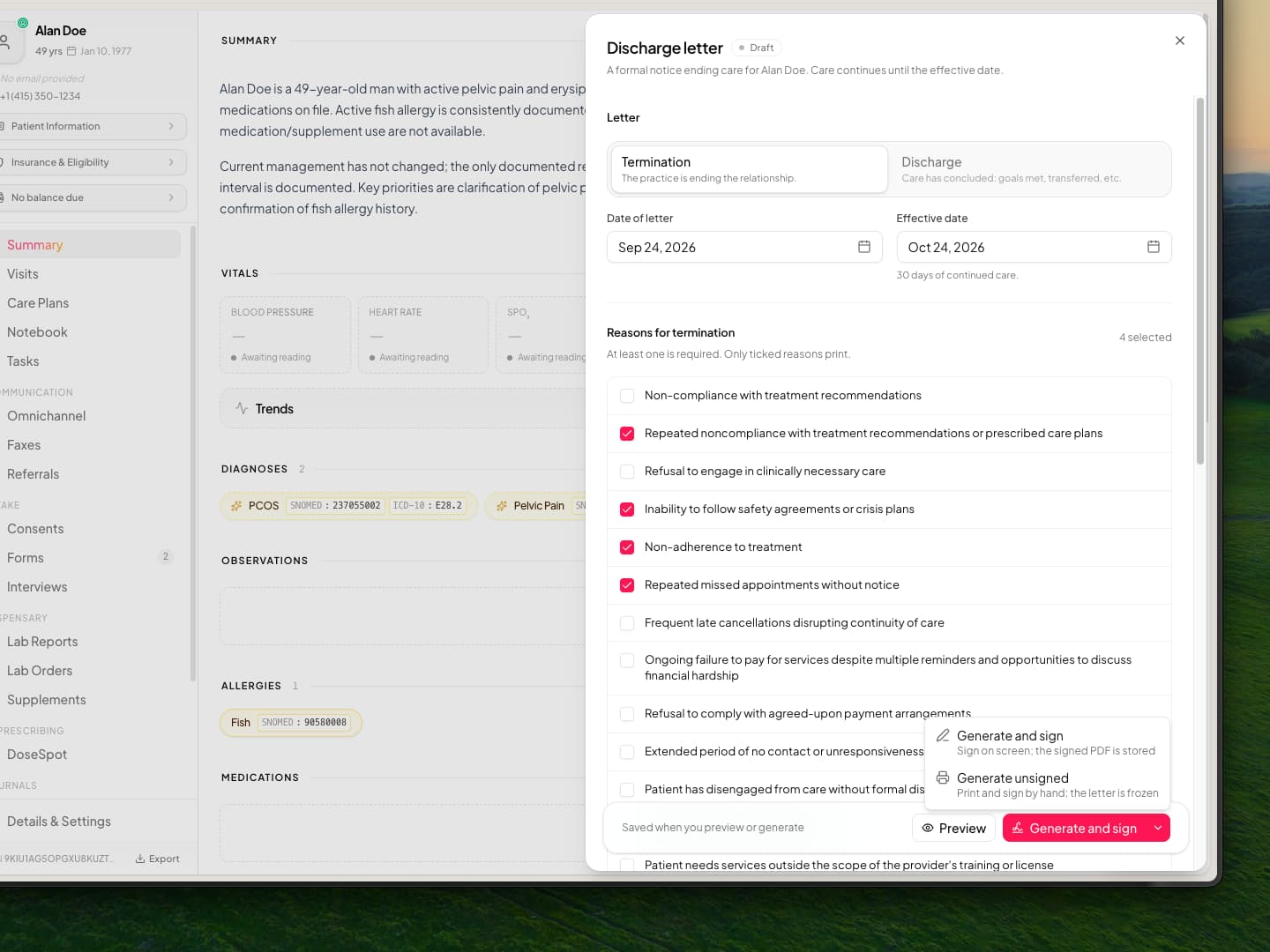 The Discharge letter panel open over a patient chart with Termination selected, a letter date and an effective date 30 days later, four reasons ticked, and a Generate and sign button with a menu offering Generate unsigned