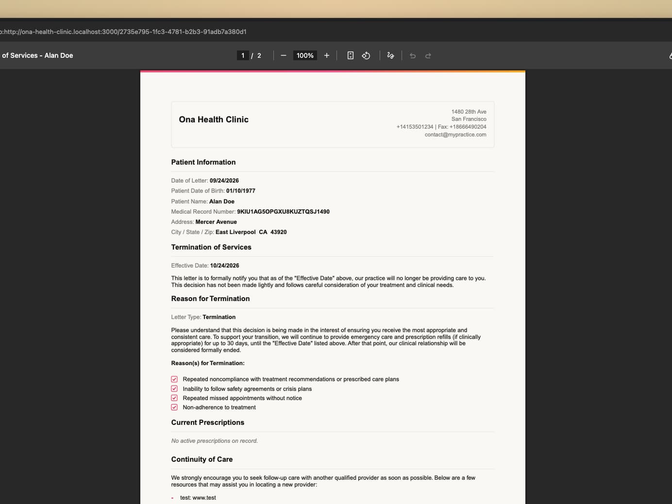 The generated termination letter PDF, with the clinic's letterhead, patient information, effective date, the ticked reasons for termination, current prescriptions and continuity of care resources