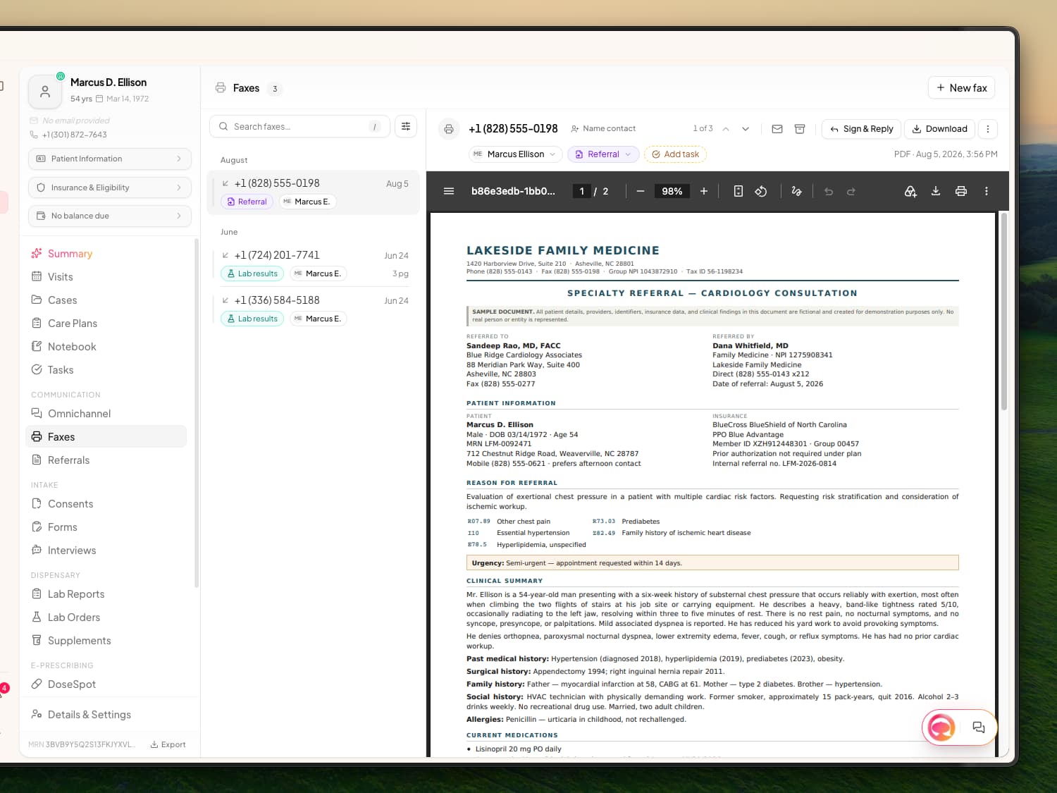 The Faxes page on Marcus D. Ellison's chart listing three received faxes, a referral from August and two lab results from June, with the referral open in the reader alongside its patient, category and Add task controls
