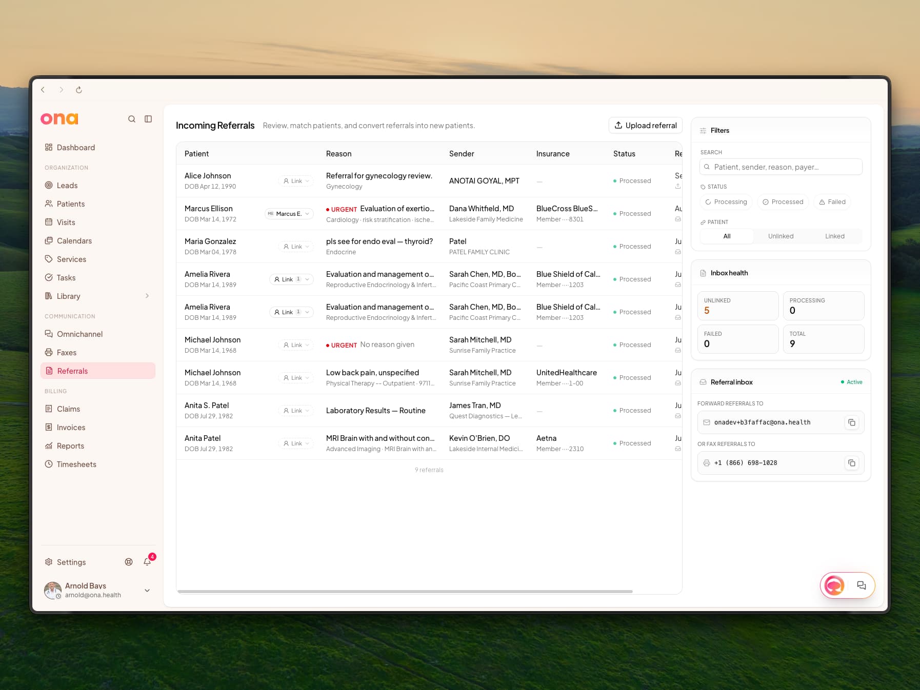 The Incoming Referrals page listing nine referrals with patient, reason, sender, insurance and status columns, a Link control on each row, two marked URGENT, and a sidebar with Filters, Inbox health showing 5 unlinked, and the referral inbox email and fax number