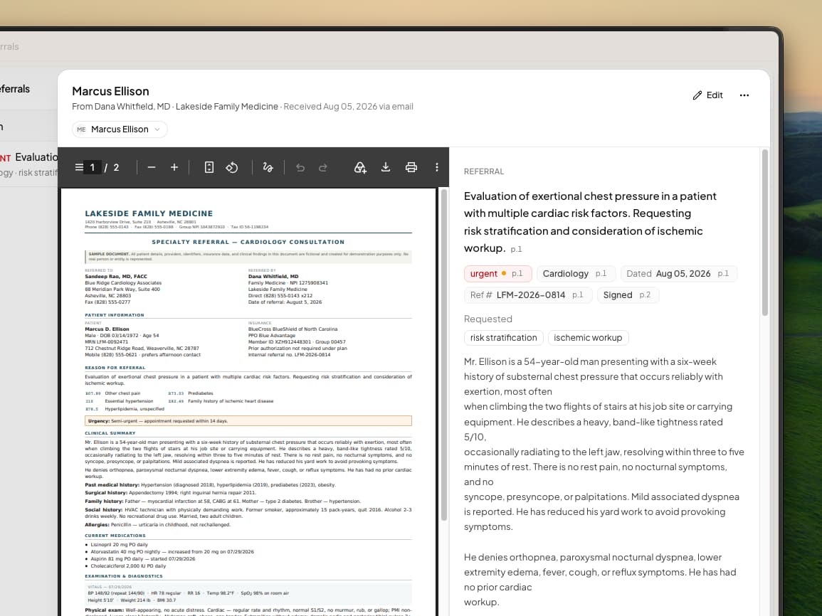A referral for Marcus Ellison open with the referral PDF on the left and the extracted referral on the right: the reason for referral, pills for urgent, Cardiology, the date, reference number and Signed, each with a page number, the requested services and the clinical summary