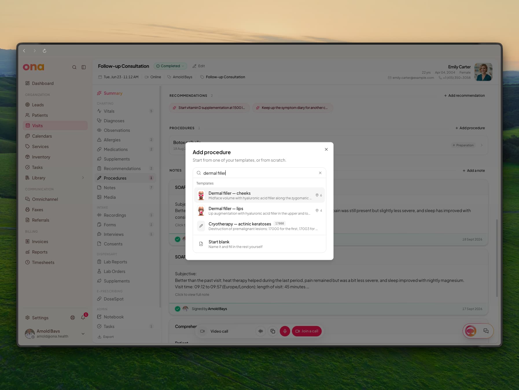 The Add procedure dialog over a visit with dermal filler typed in the search, listing the templates Dermal filler — cheeks with 6 injection points, Dermal filler — lips with 4, and Cryotherapy — actinic keratoses with CPT 17000, each with a short description, and a Start blank option below