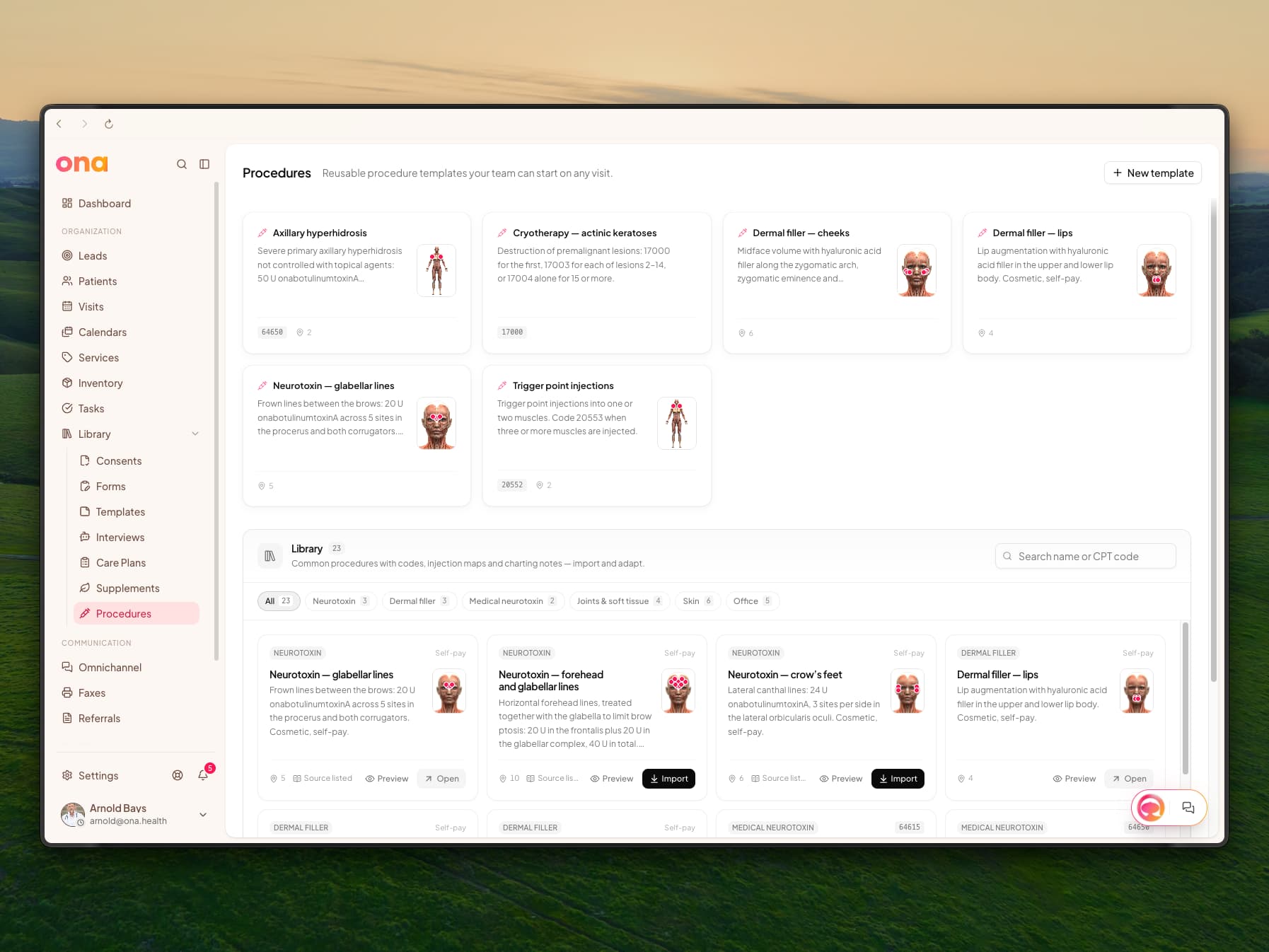 The Procedures page under Library with six of the practice's templates, including Axillary hyperhidrosis with CPT 64650, Dermal filler — cheeks and Neurotoxin — glabellar lines, each with an injection map thumbnail, and below it the Library of 23 starter templates filtered by Neurotoxin, Dermal filler, Medical neurotoxin, Joints & soft tissue, Skin and Office