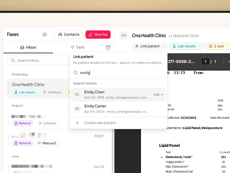 The Link patient popover open on a fax with no patient details, a search for emily listing Emily Chen and Emily Carter with their dates of birth and emails, above a Create new patient row