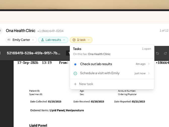 A fax open in the reading pane, its header showing patient, category and an amber 1 task badge, with the tasks popover open listing Check out lab results and a completed Schedule a visit with Emily above a New task button