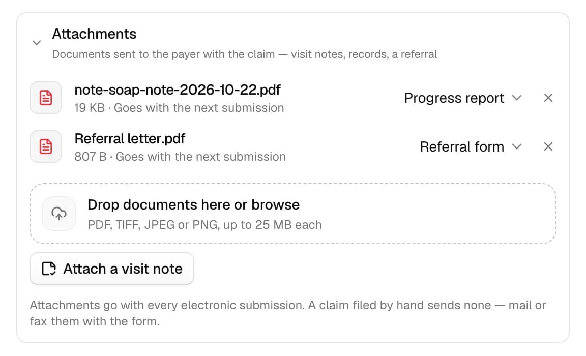 The Attachments card on Rosa Delgado's draft claim: note-soap-note-2026-10-22.pdf (19 KB) typed as Progress report and Referral letter.pdf (807 B) typed as Referral form, each marked Goes with the next submission. Below, Drop documents here or browse for PDF, TIFF, JPEG or PNG up to 25 MB each, and an Attach a visit note button
