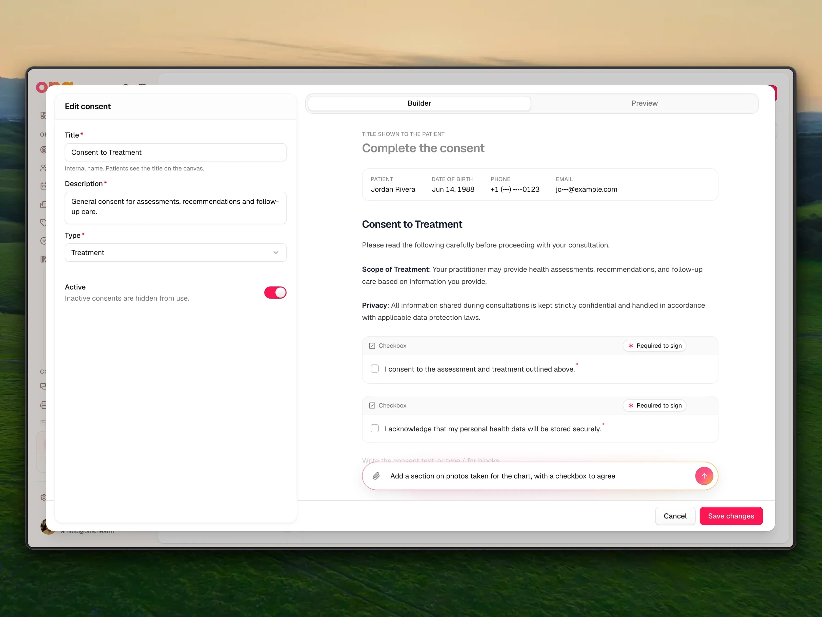 The Edit consent dialog for Consent to Treatment, with its title, description and Treatment type on the left. The canvas shows the patient header for Jordan Rivera, the Scope of Treatment and Privacy paragraphs and two checkboxes marked Required to sign. At the bottom, the Ask Ona bar holds the request "Add a section on photos taken for the chart, with a checkbox to agree", ready to send