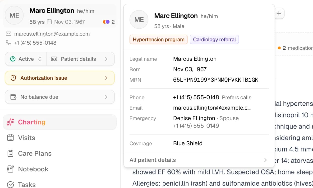 The chart header reads Marc Ellington, he/him, and the card open beside it repeats the name above the tags Hypertension program and Cardiology referral. It lists legal name Marcus Ellington, born Nov 03, 1967, his MRN, phone +1 (415) 555-0148 marked Prefers calls, his email, emergency contact Denise Ellington (Spouse), coverage Blue Shield, and All patient details at the bottom