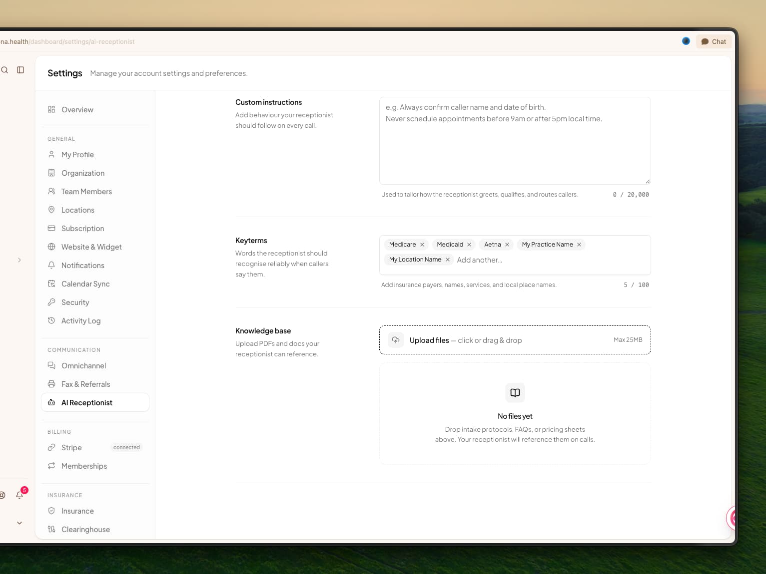 The AI Receptionist settings with a Keyterms field holding Medicare, Medicaid, Aetna, My Practice Name and My Location Name as removable chips, with an Add another box and a 5 / 100 counter, between Custom instructions and Knowledge base
