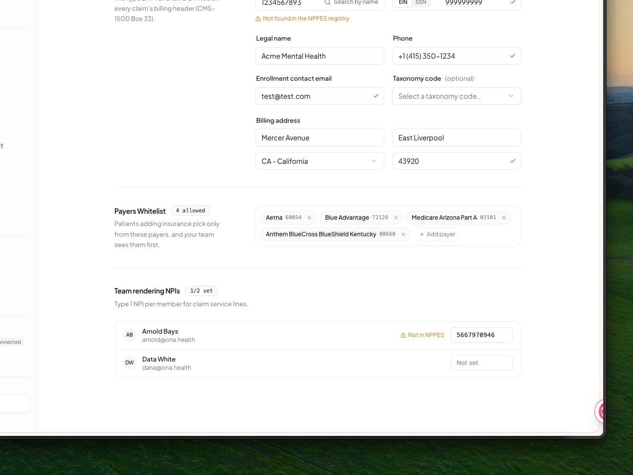 The Payers Whitelist section showing 4 allowed: Aetna 60054, Blue Advantage 72128, Medicare Arizona Part A 03101 and Anthem BlueCross BlueShield Kentucky 00660 as removable chips with an Add payer button