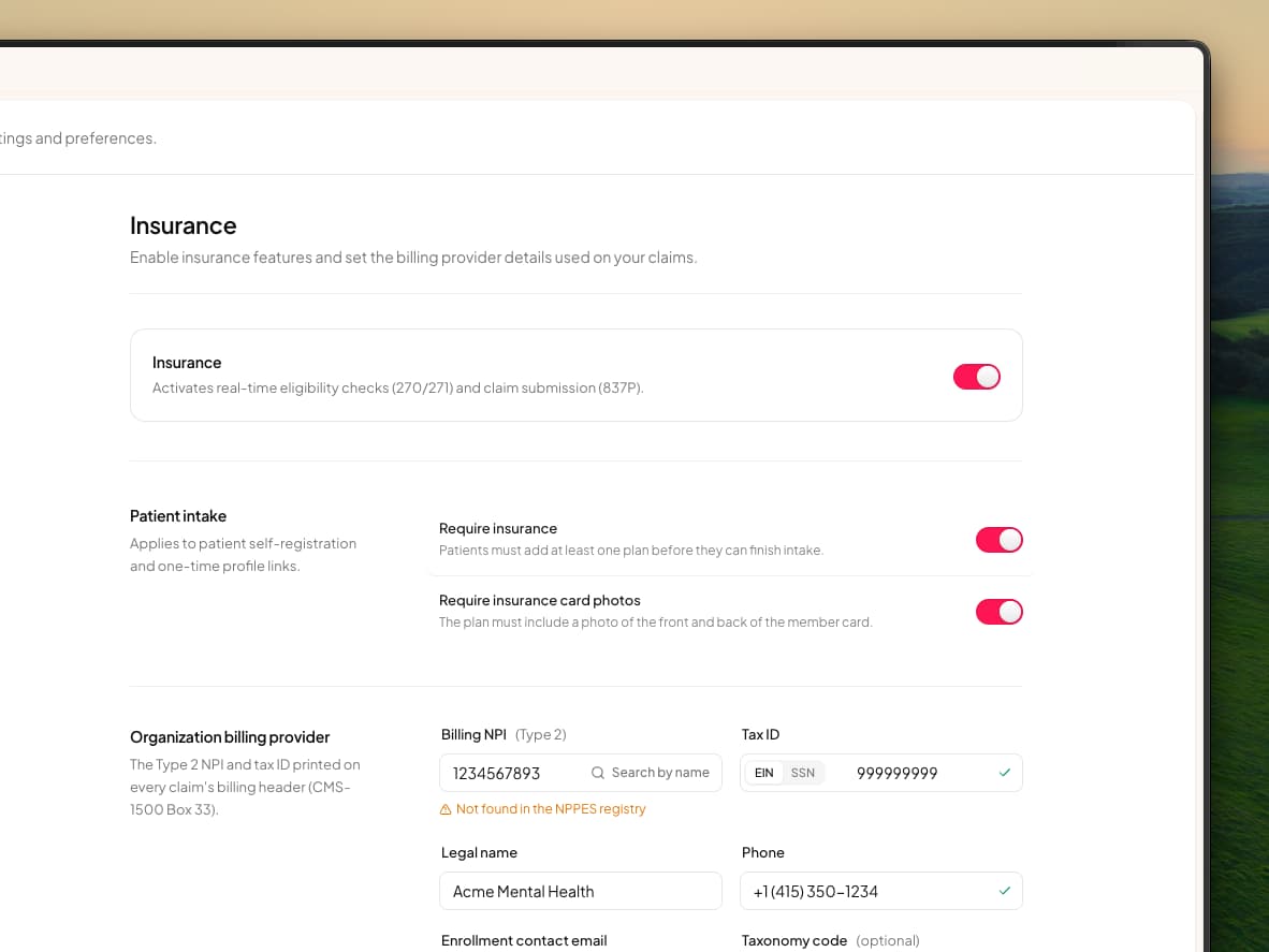 The Insurance settings page with insurance switched on and a Patient intake section holding two switches, both on: Require insurance, patients must add at least one plan before they can finish intake, and Require insurance card photos, the plan must include a photo of the front and back of the member card