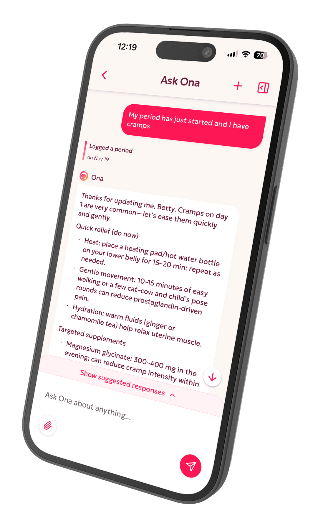 Ona Health App - AI-powered menstrual health assistant showing personalized advice
