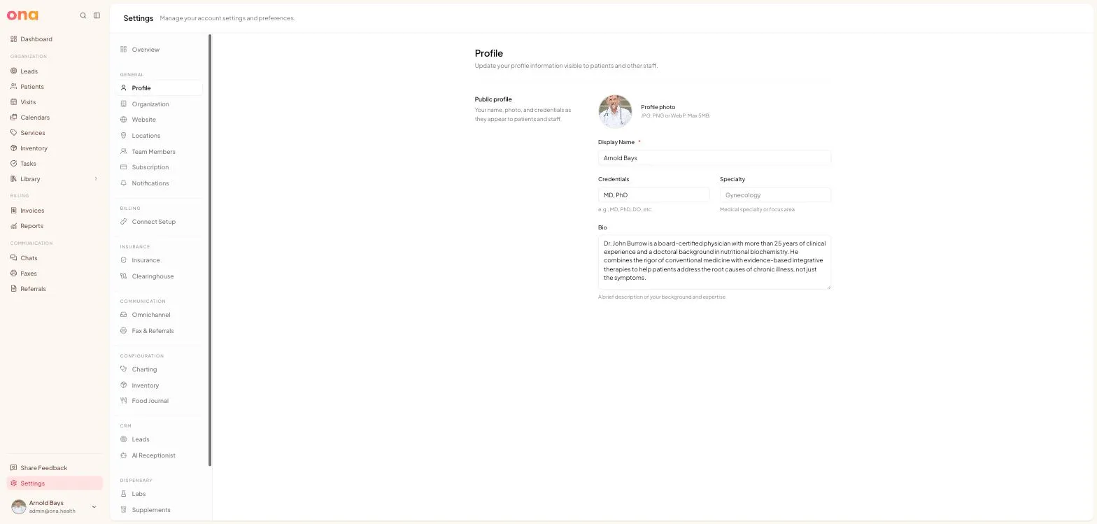 The Profile page, with photo, display name, credentials, specialty and bio