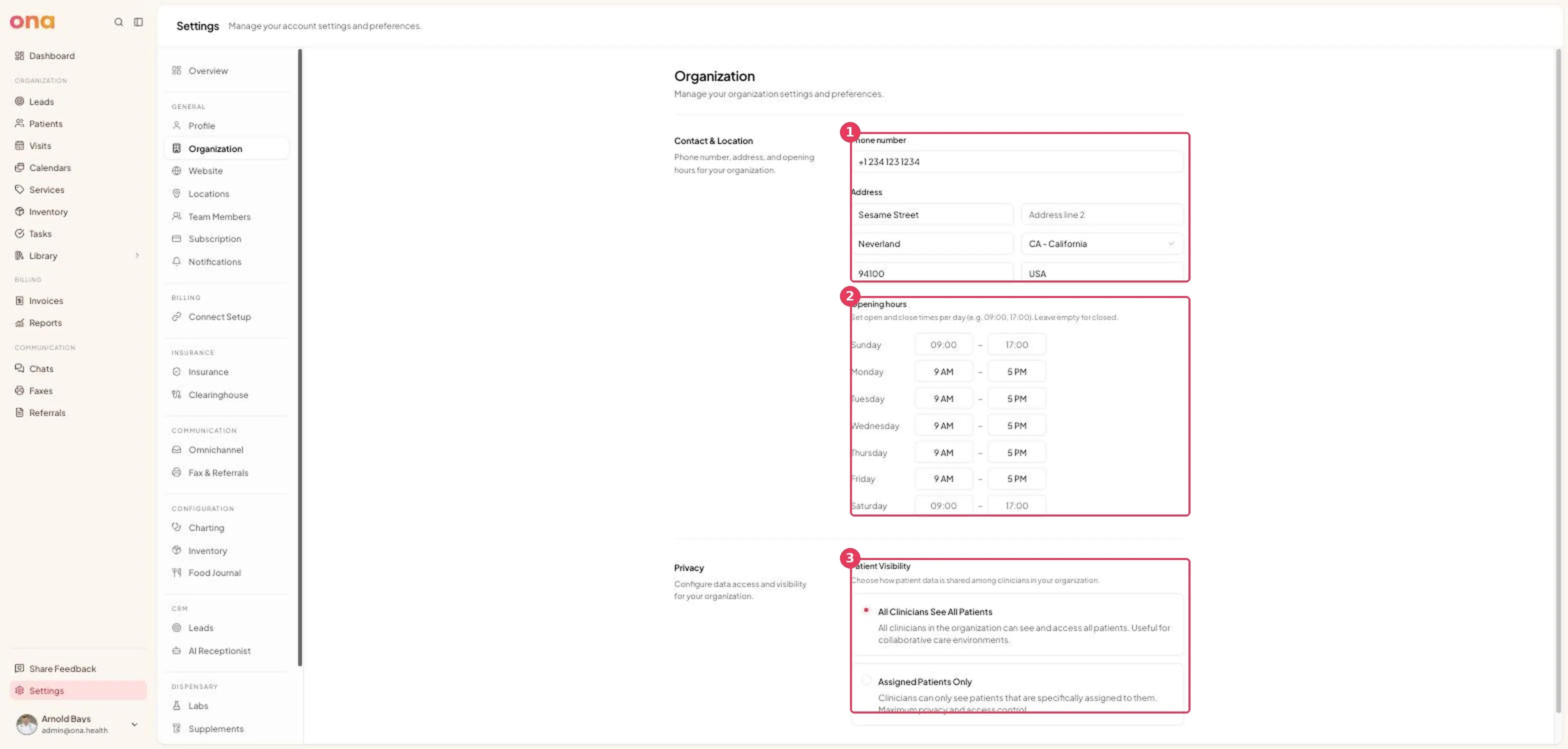 The Organization page, showing contact details, opening hours and patient visibility