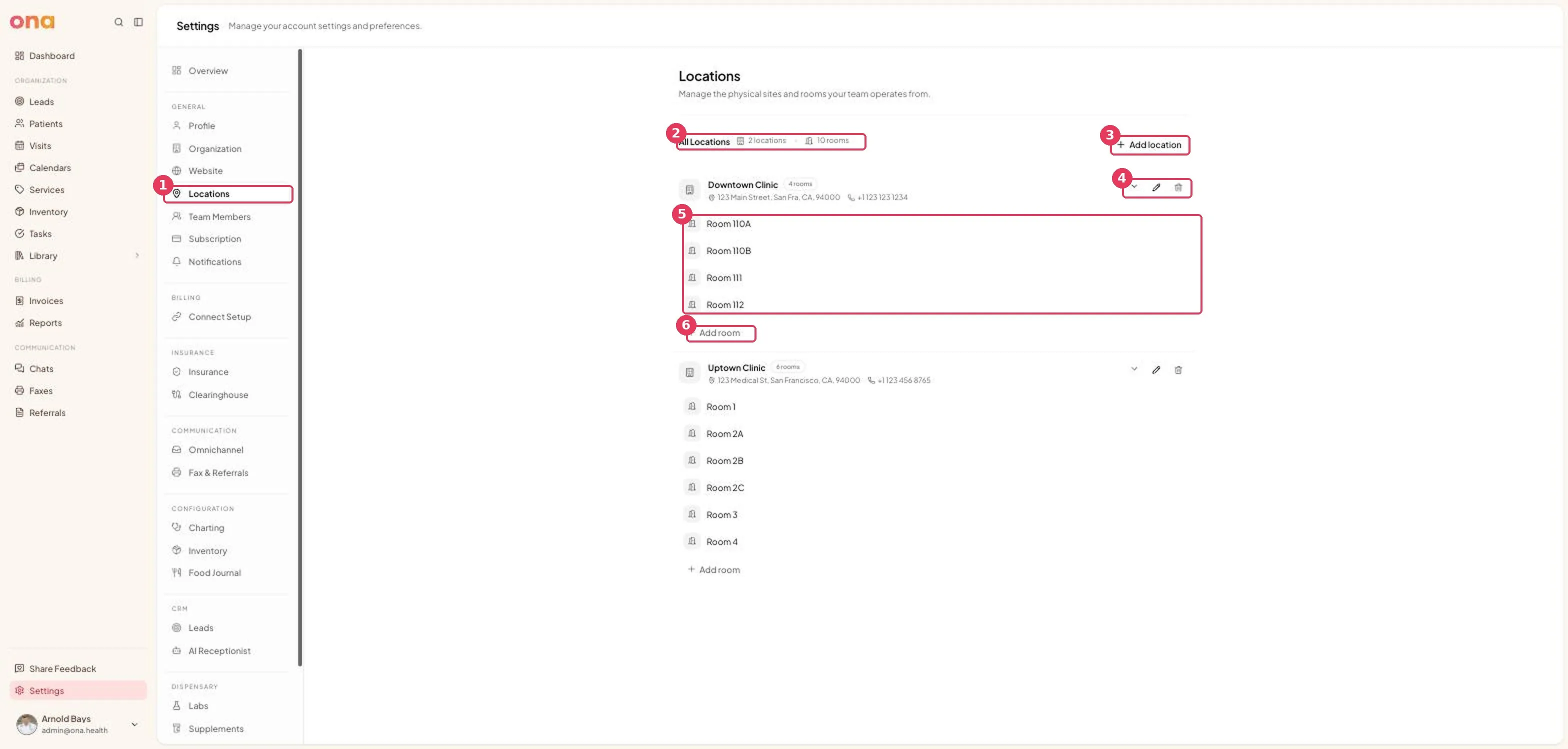 The Locations page, each site with its rooms nested beneath