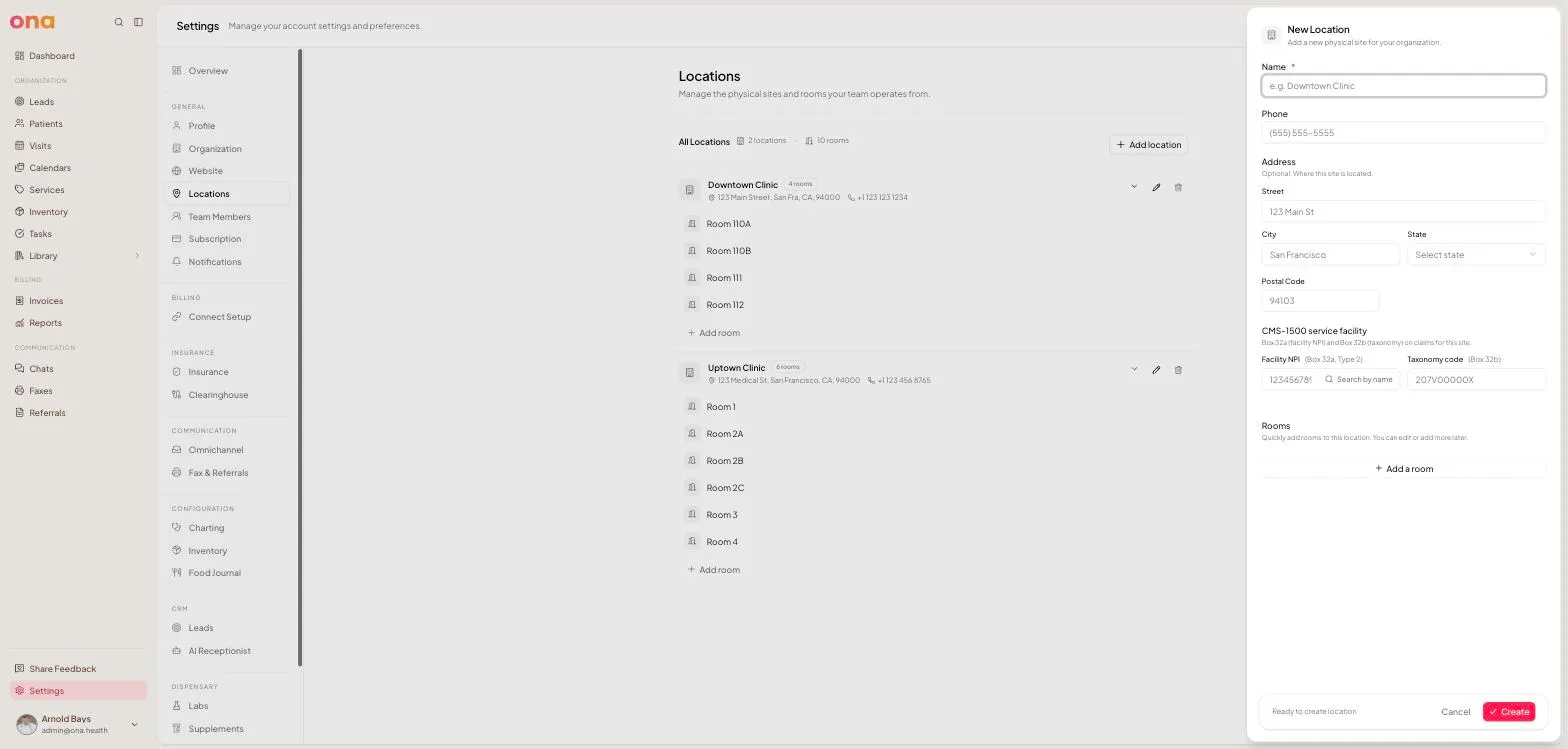 The New Location panel, with name, phone, address and CMS-1500 fields