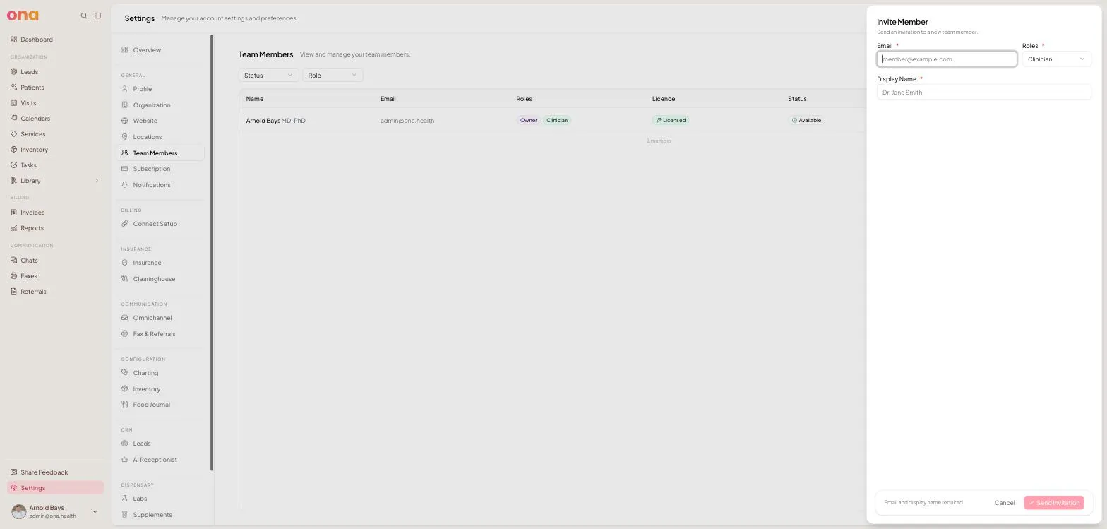 The Invite Member panel, with email, roles and display name