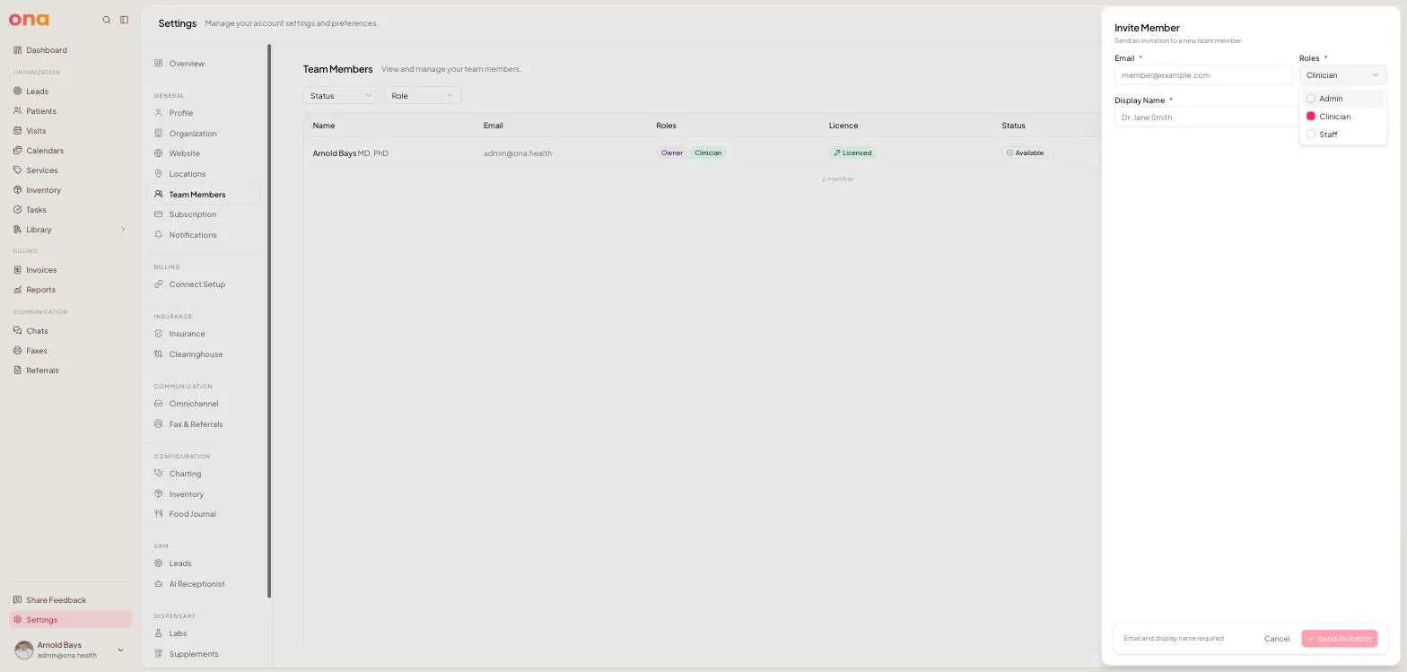 The Roles dropdown, showing Admin, Clinician and Staff as checkboxes