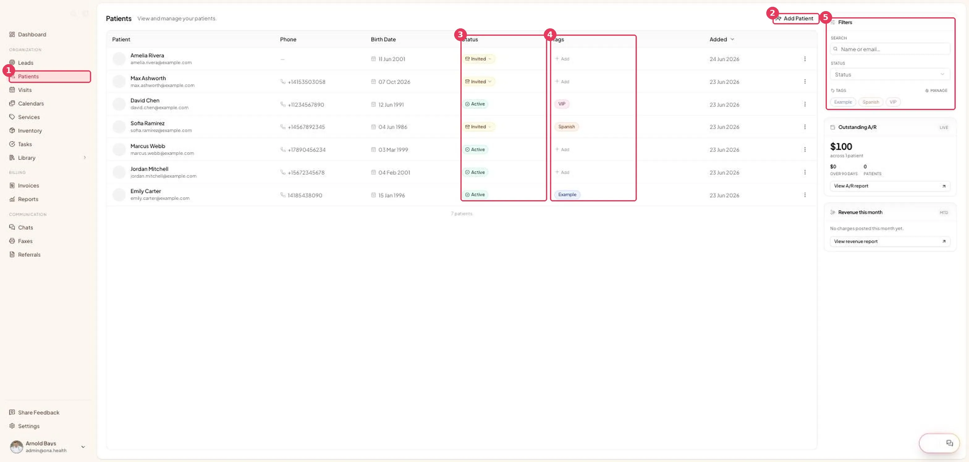 The Patients list, with status, tags and the filters panel