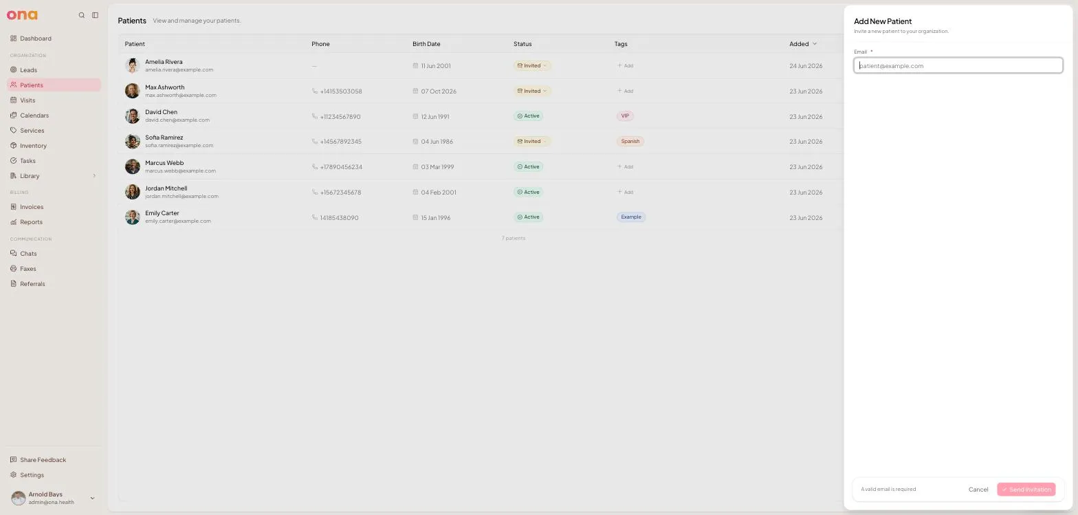 The Add New Patient panel, with a single email field