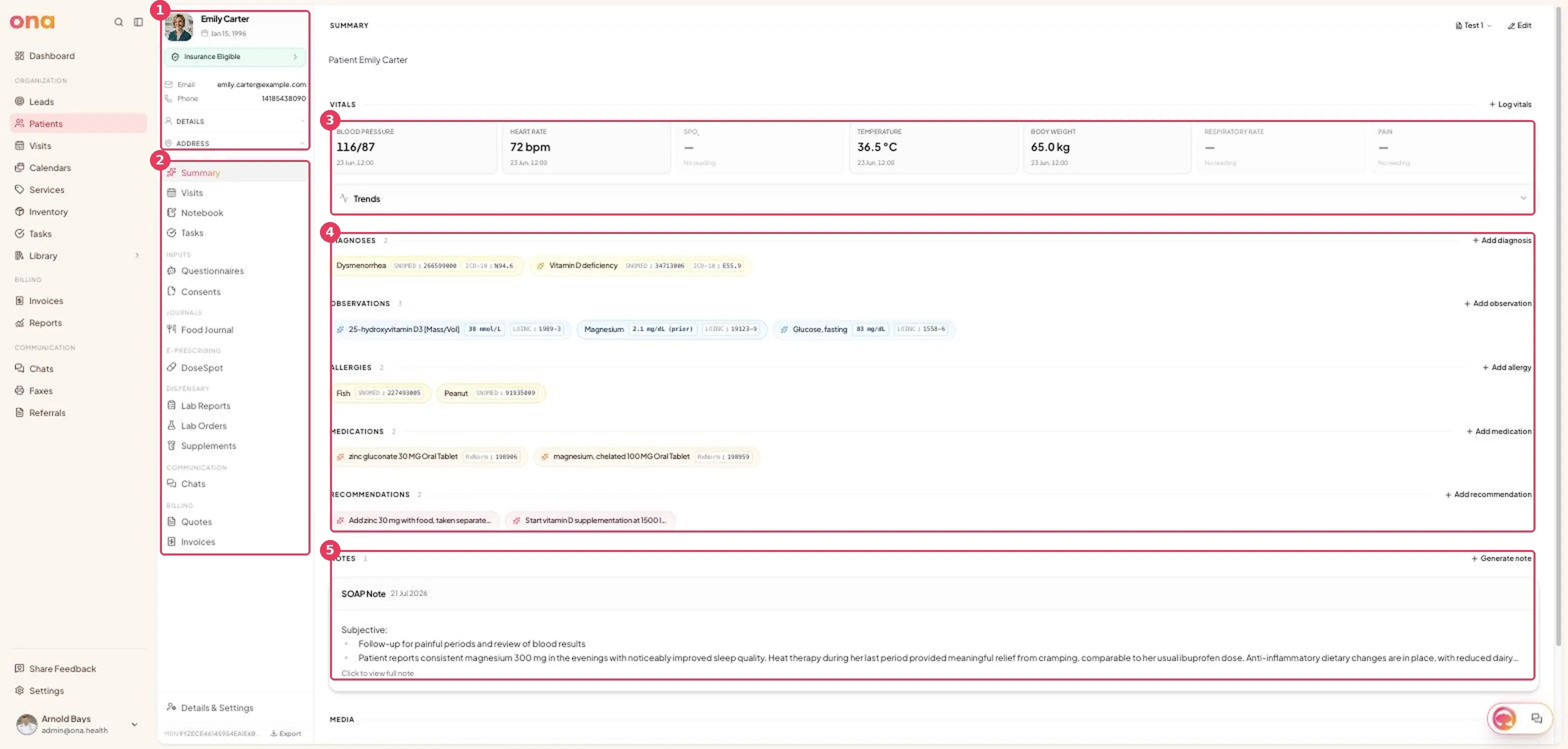 A patient record, showing the header, section sidebar, vitals and clinical sections