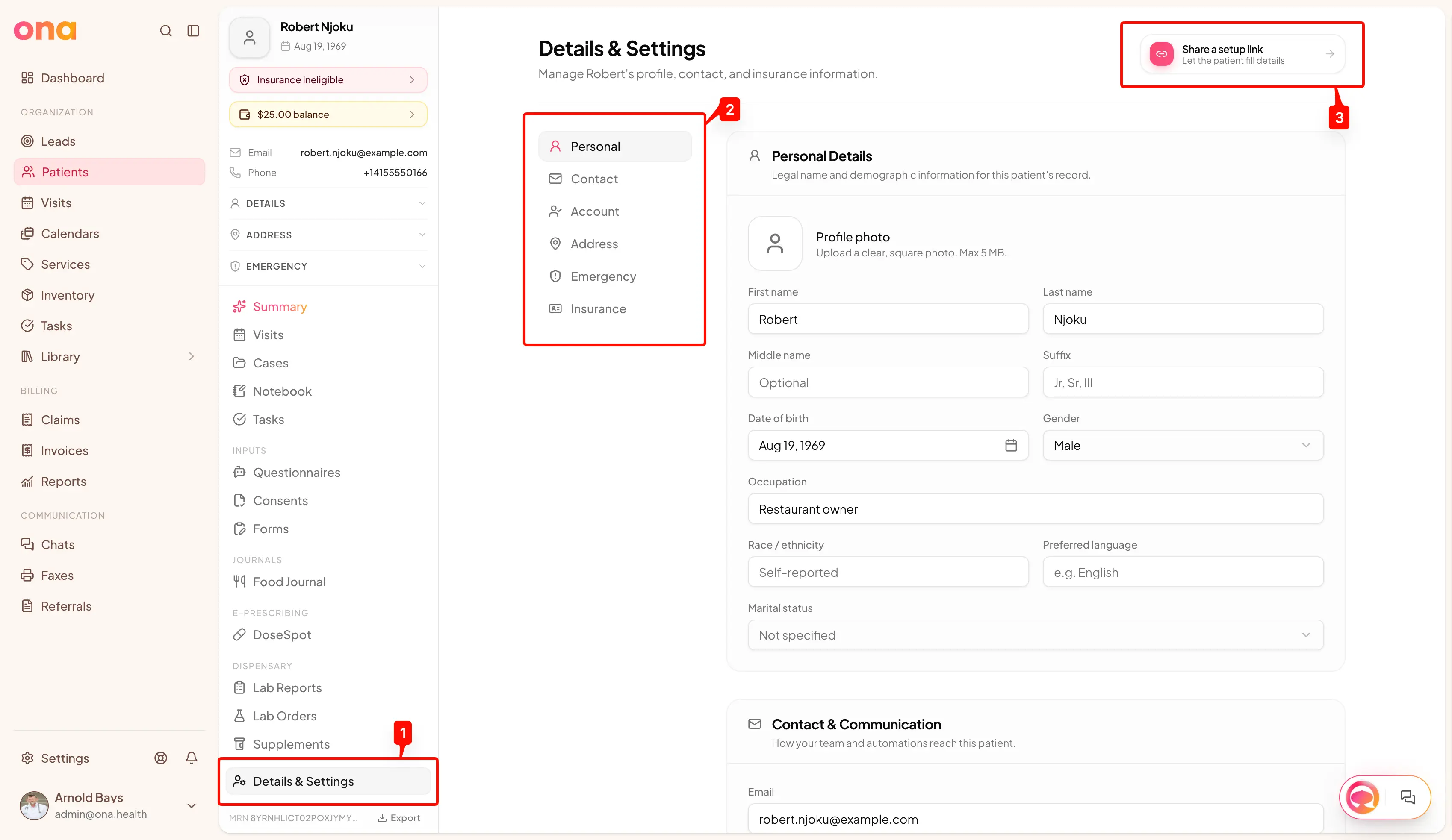 The patient Details & Settings page, with the section rail and the Share a setup link button