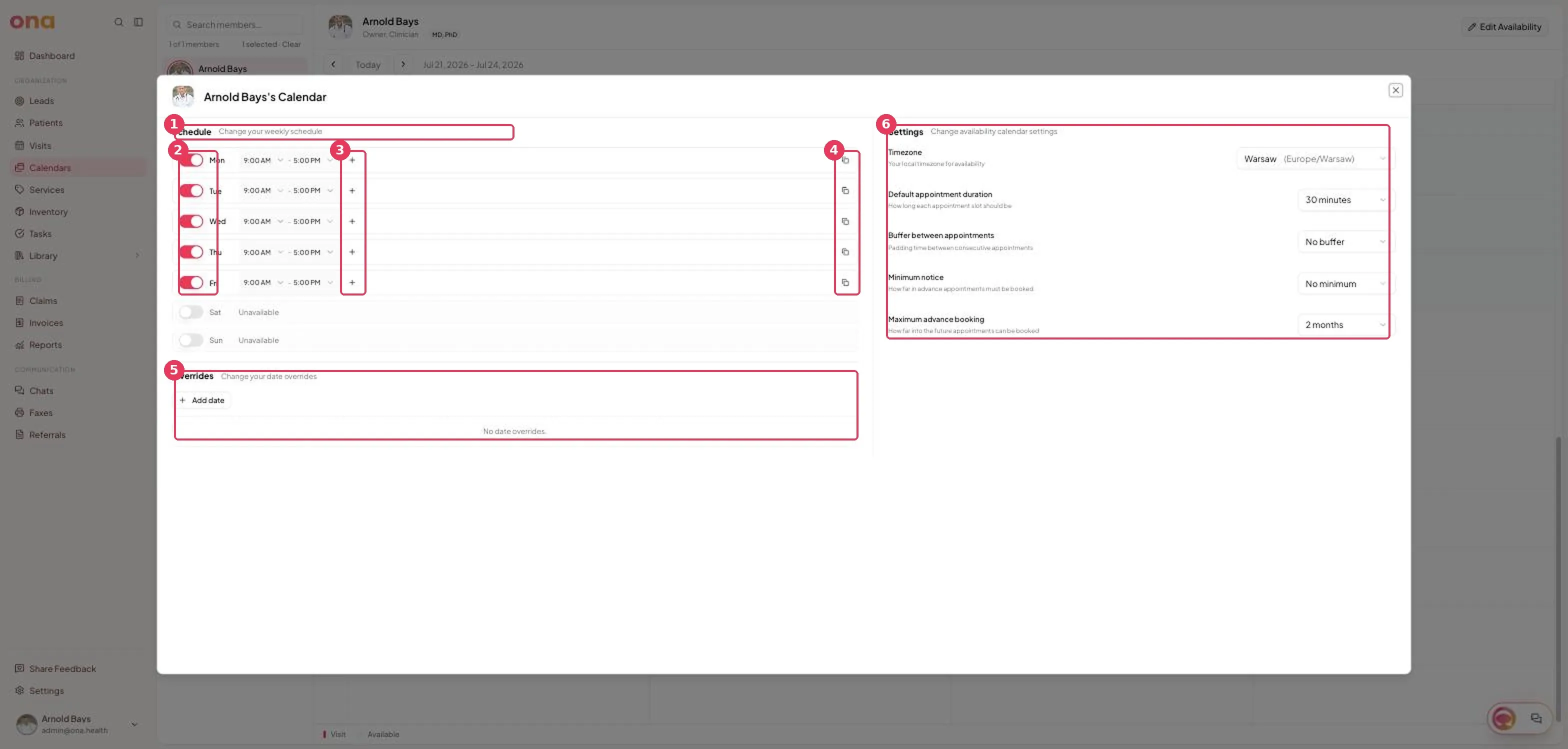The availability dialog, with weekly schedule, overrides and settings