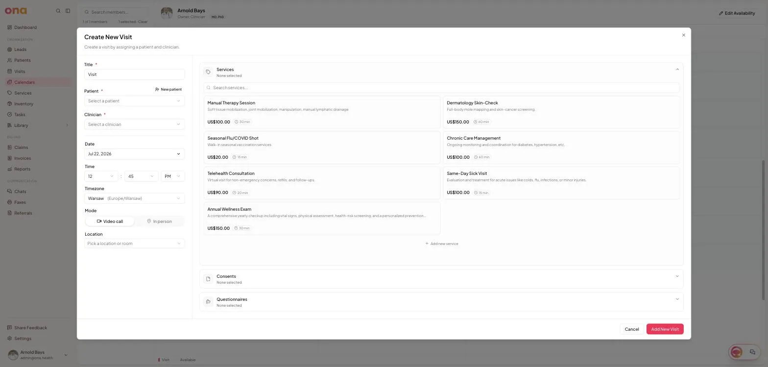 The Create New Visit dialog opened from a calendar slot, with date and time pre-filled