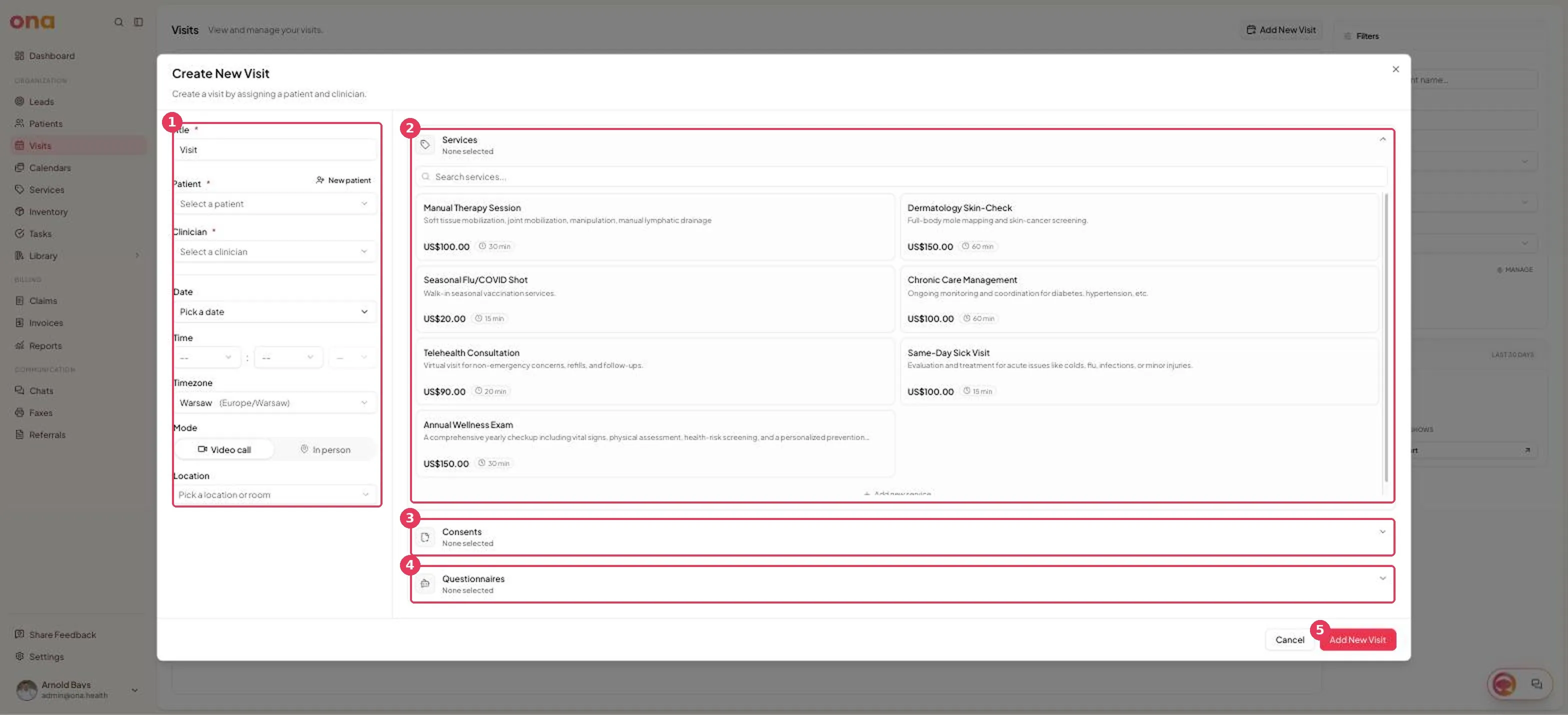 The Create New Visit dialog. 1 marks the visit details column, 2 the Services section, 3 Consents, 4 Questionnaires, 5 the Add New Visit button