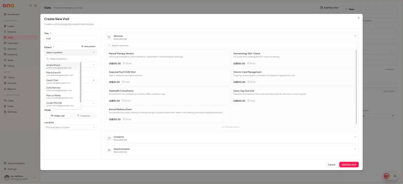 The patient dropdown open, showing a search field above the patient list