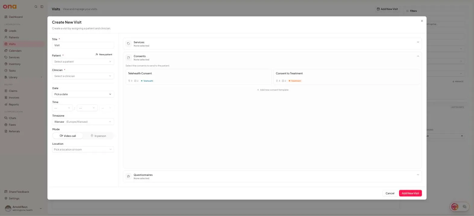 The Consents section expanded, showing Telehealth Consent and Consent to Treatment