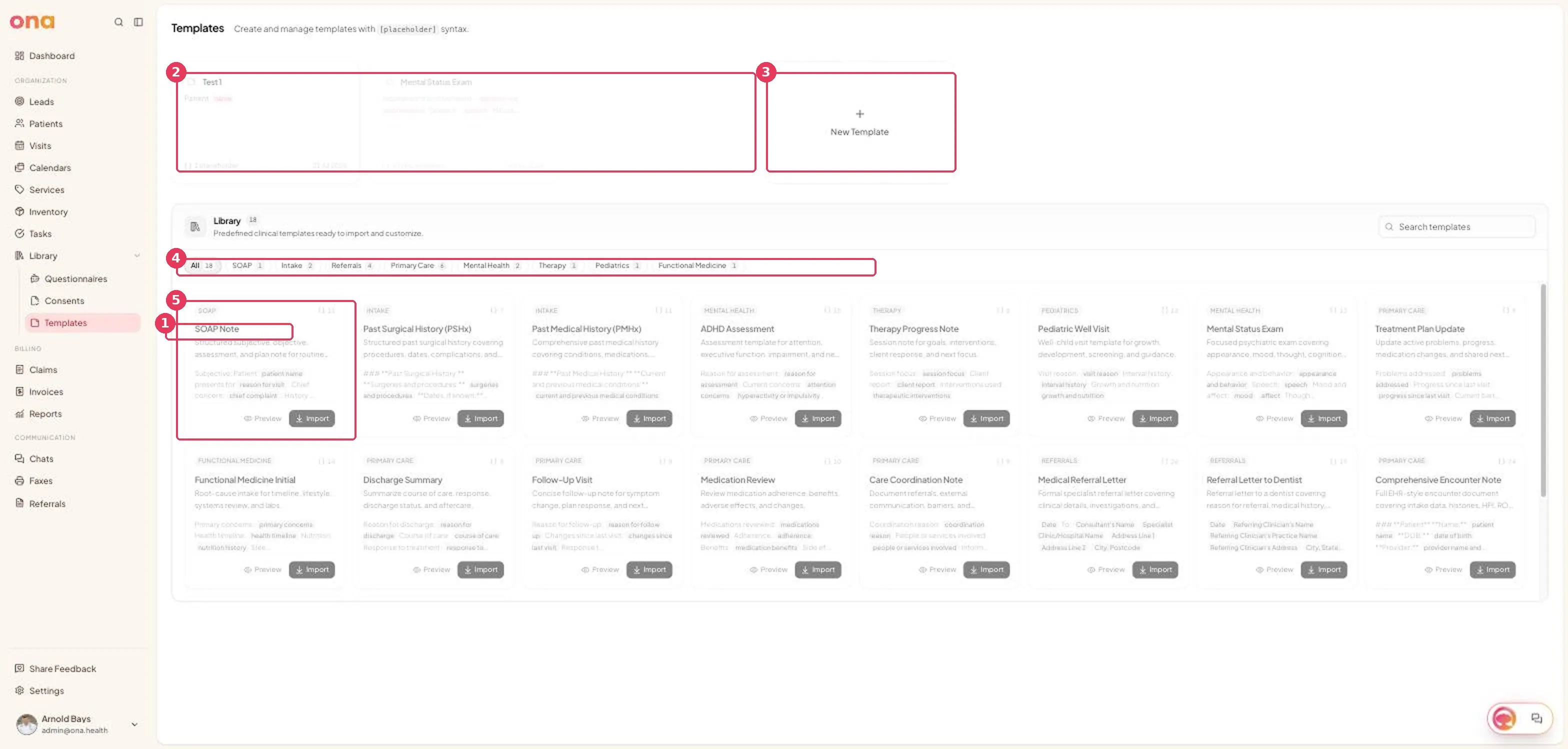 The Templates page, showing your templates above the import library
