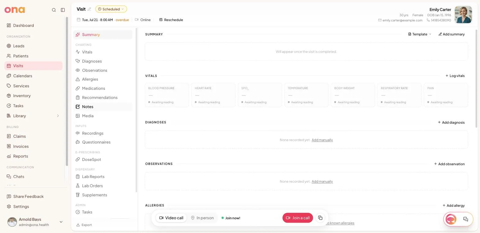A visit's Notes section, empty, with the Generate one link