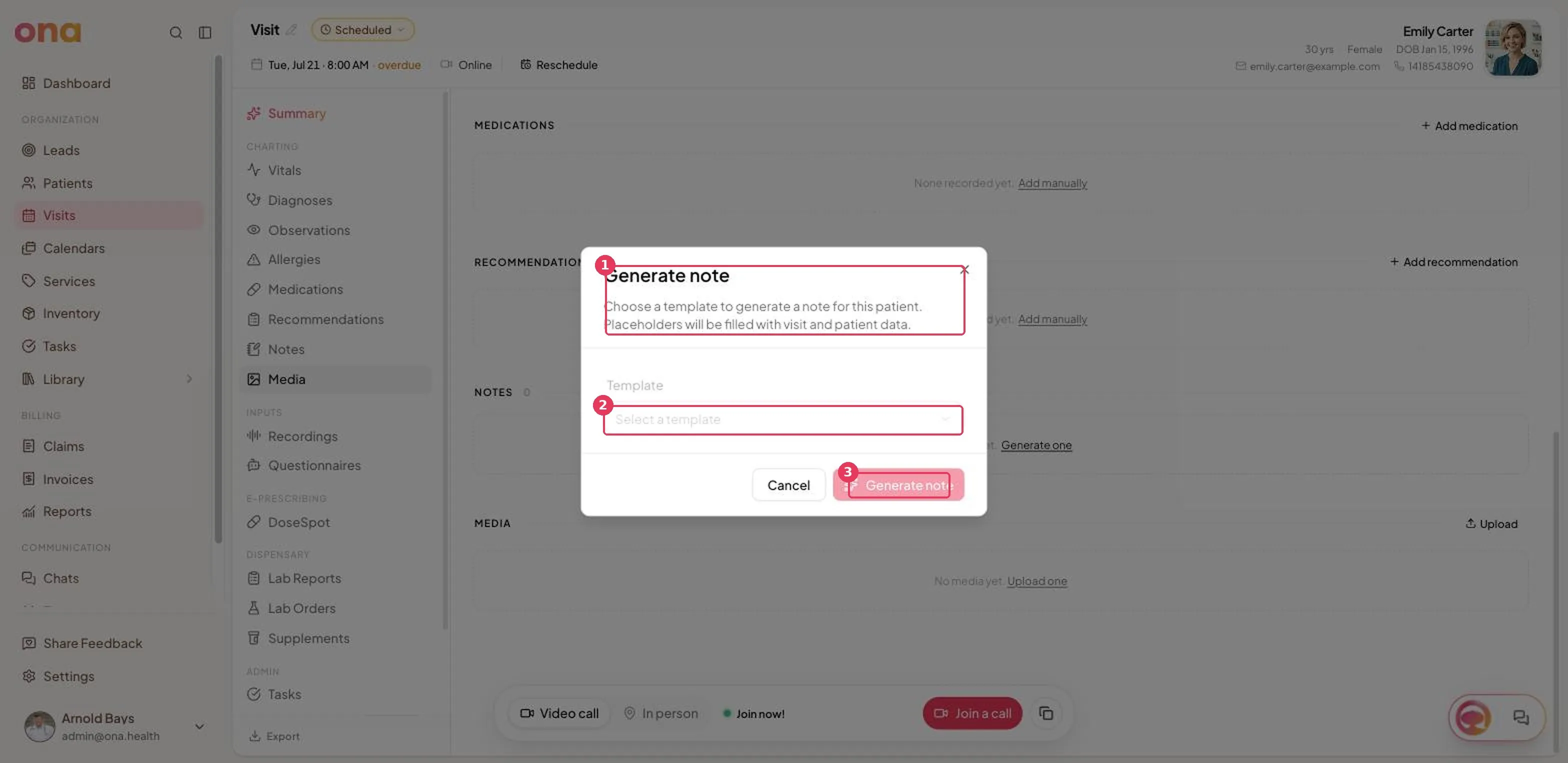 The Generate note dialog, with a template dropdown