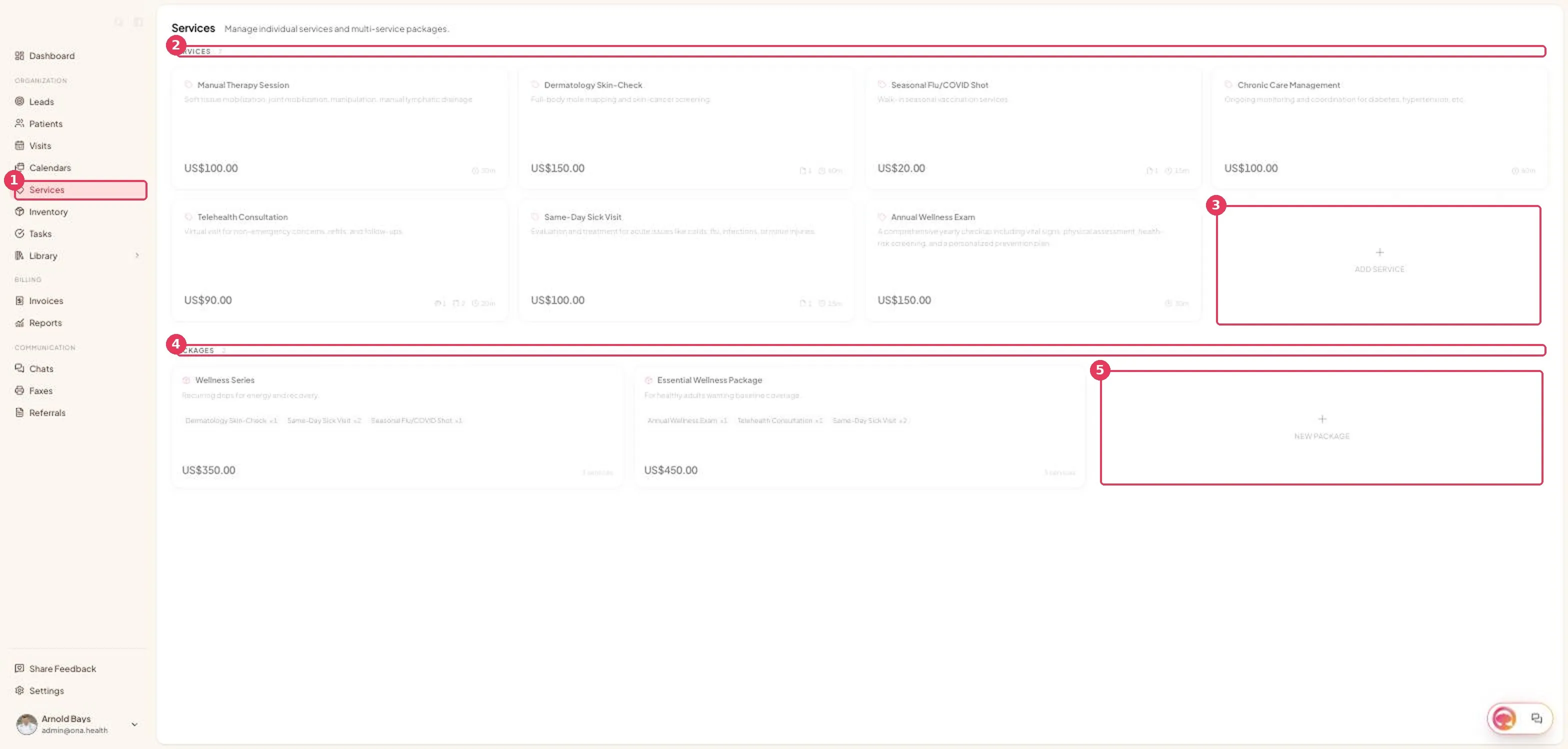 The Services page, showing service cards above package cards