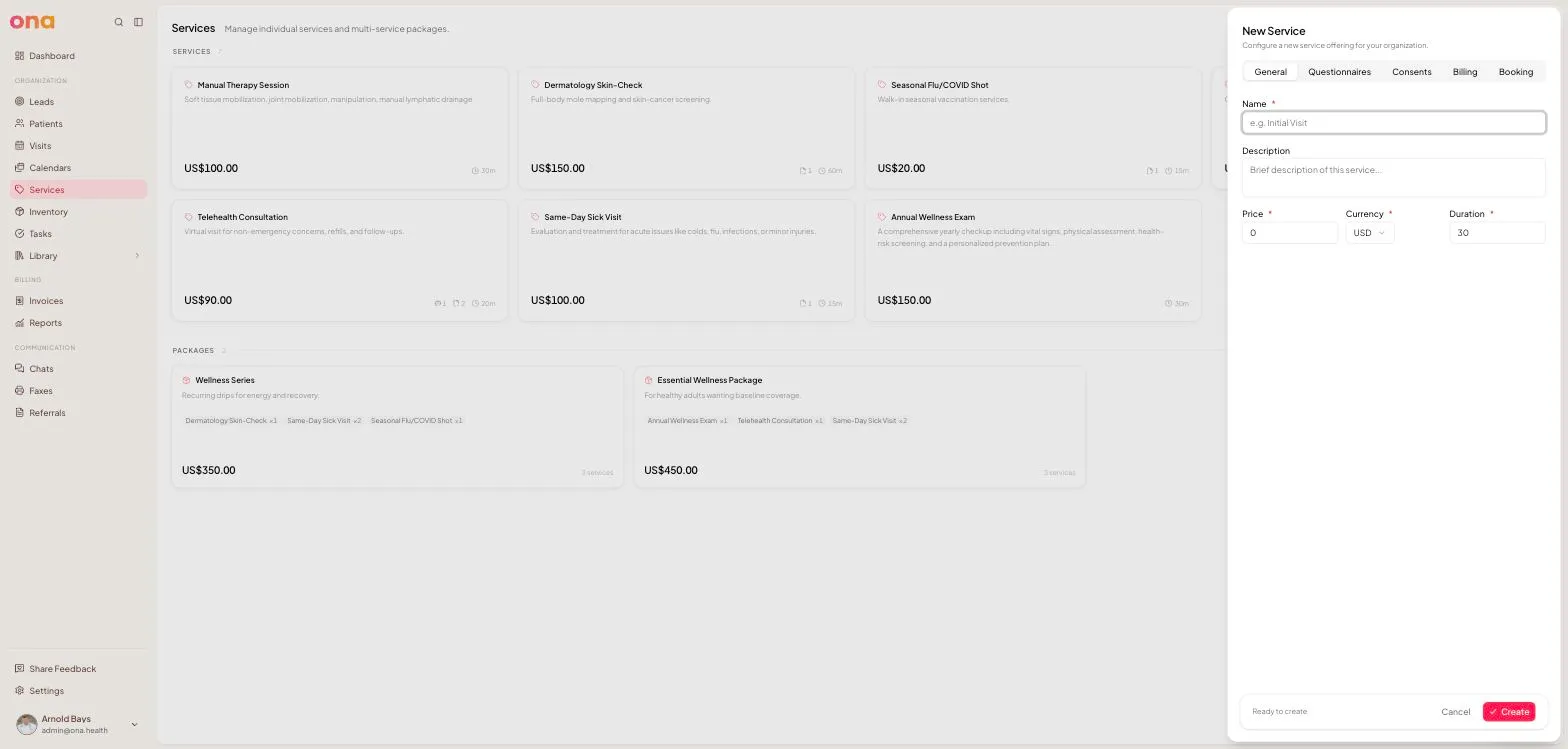 The New Service panel, General tab, with Name, Description, Price, Currency and Duration