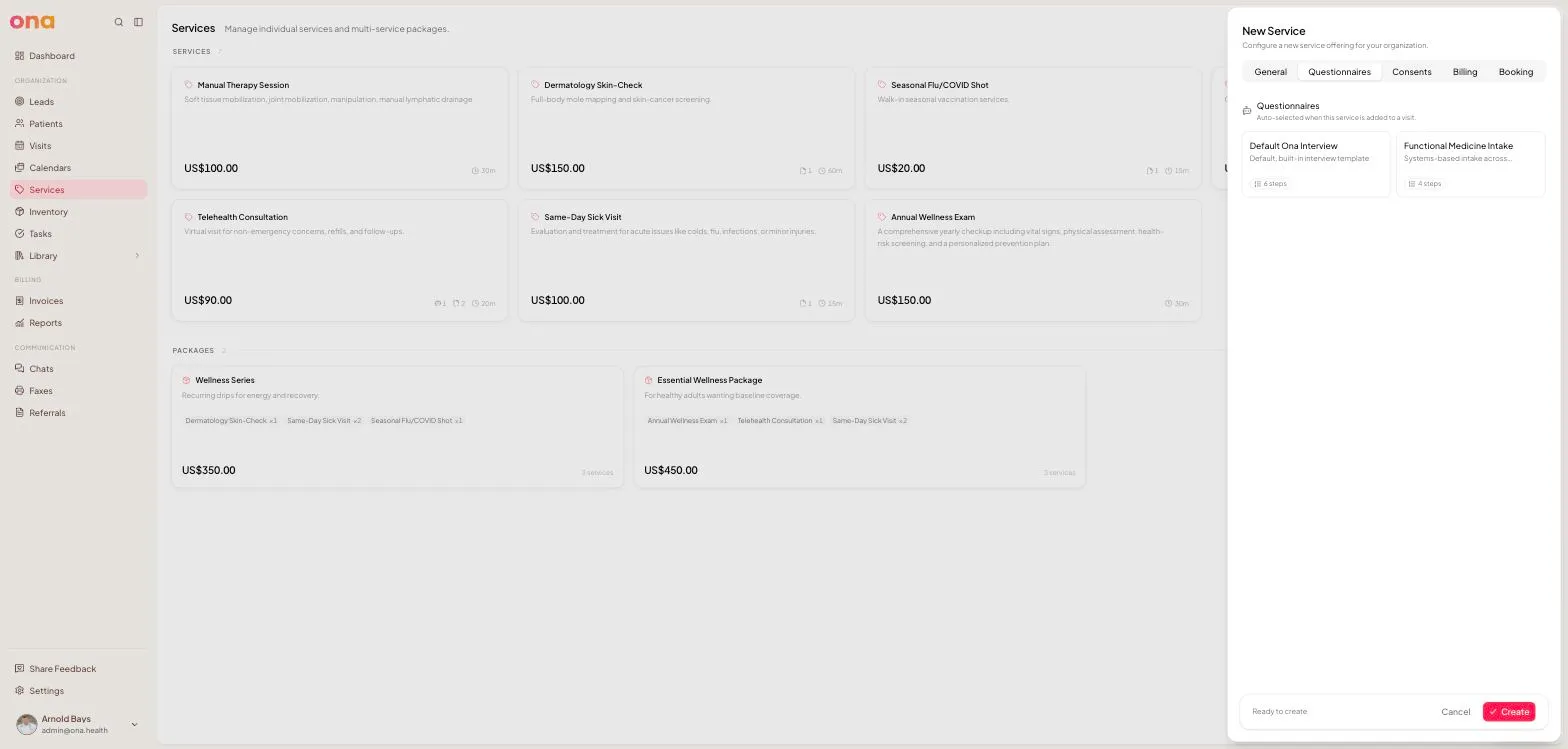 The Interviews tab, showing Default Ona Interview and Functional Medicine Intake