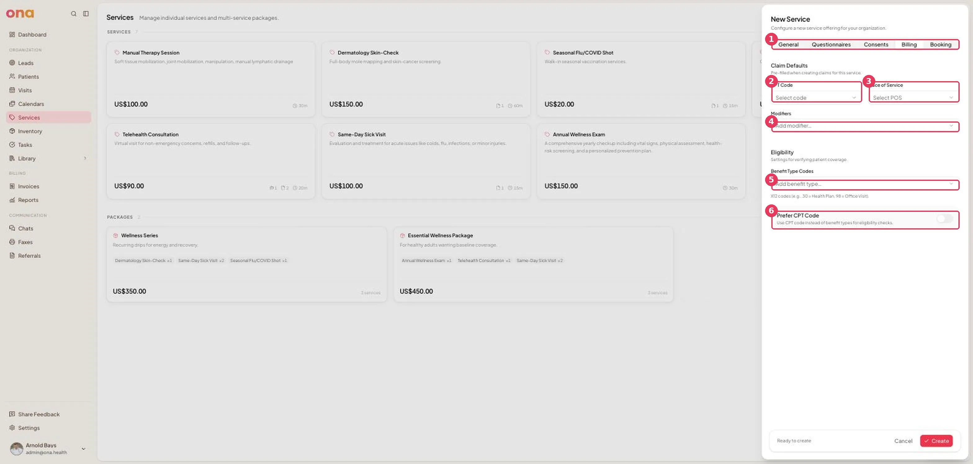The Billing tab, with Claim Defaults and Eligibility sections
