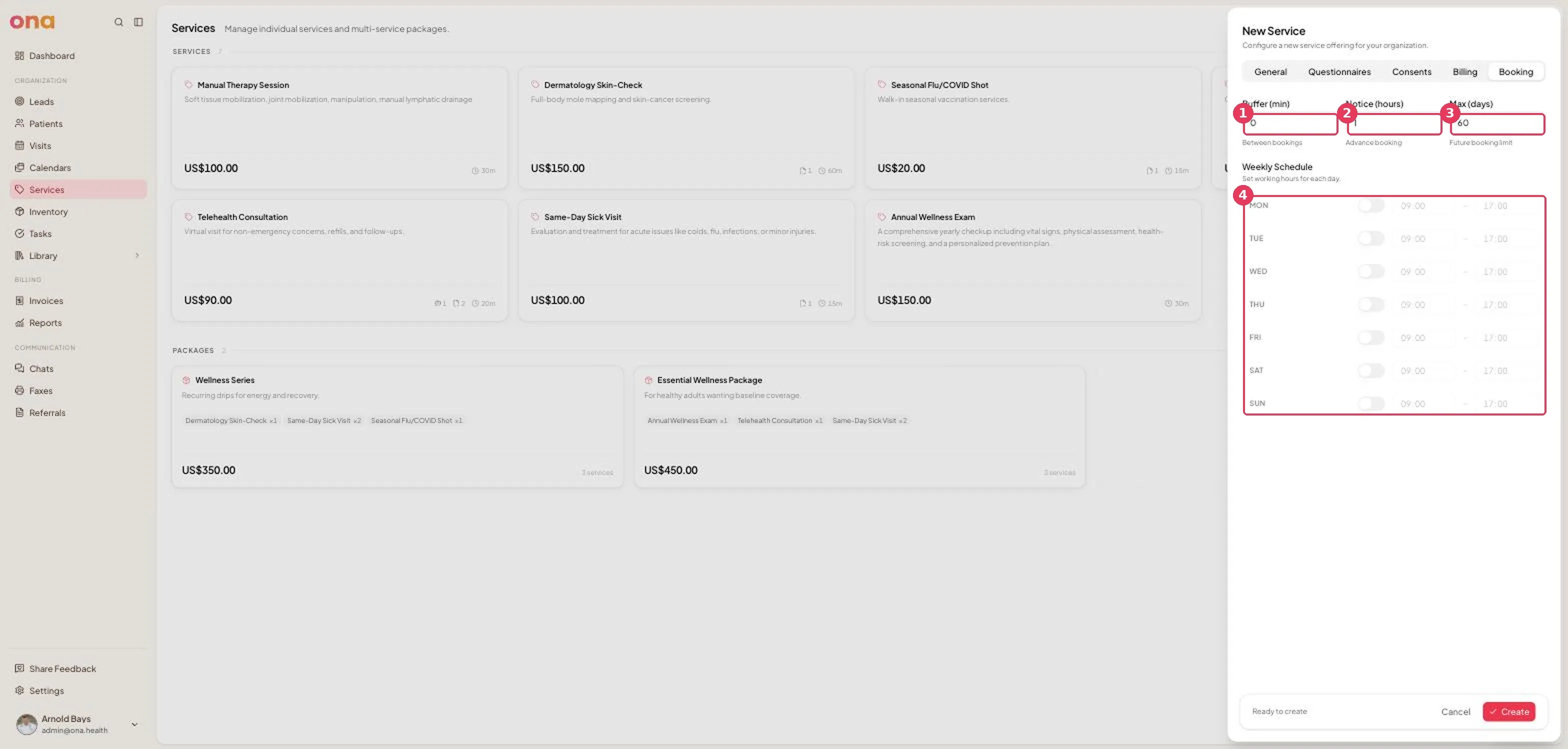 The Booking tab, with buffer, notice and max days above a weekly schedule