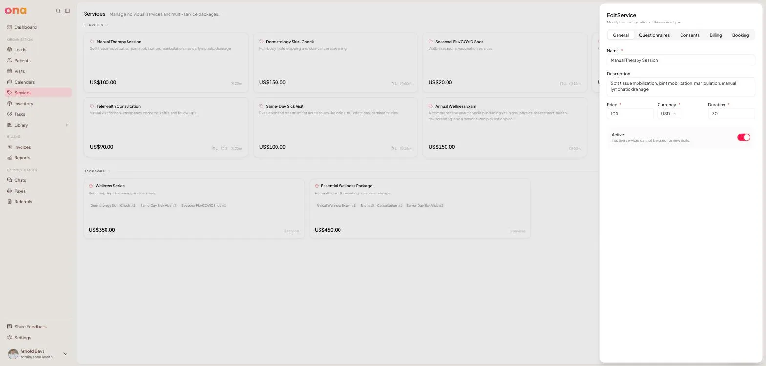 The Edit Service panel, showing the Active toggle