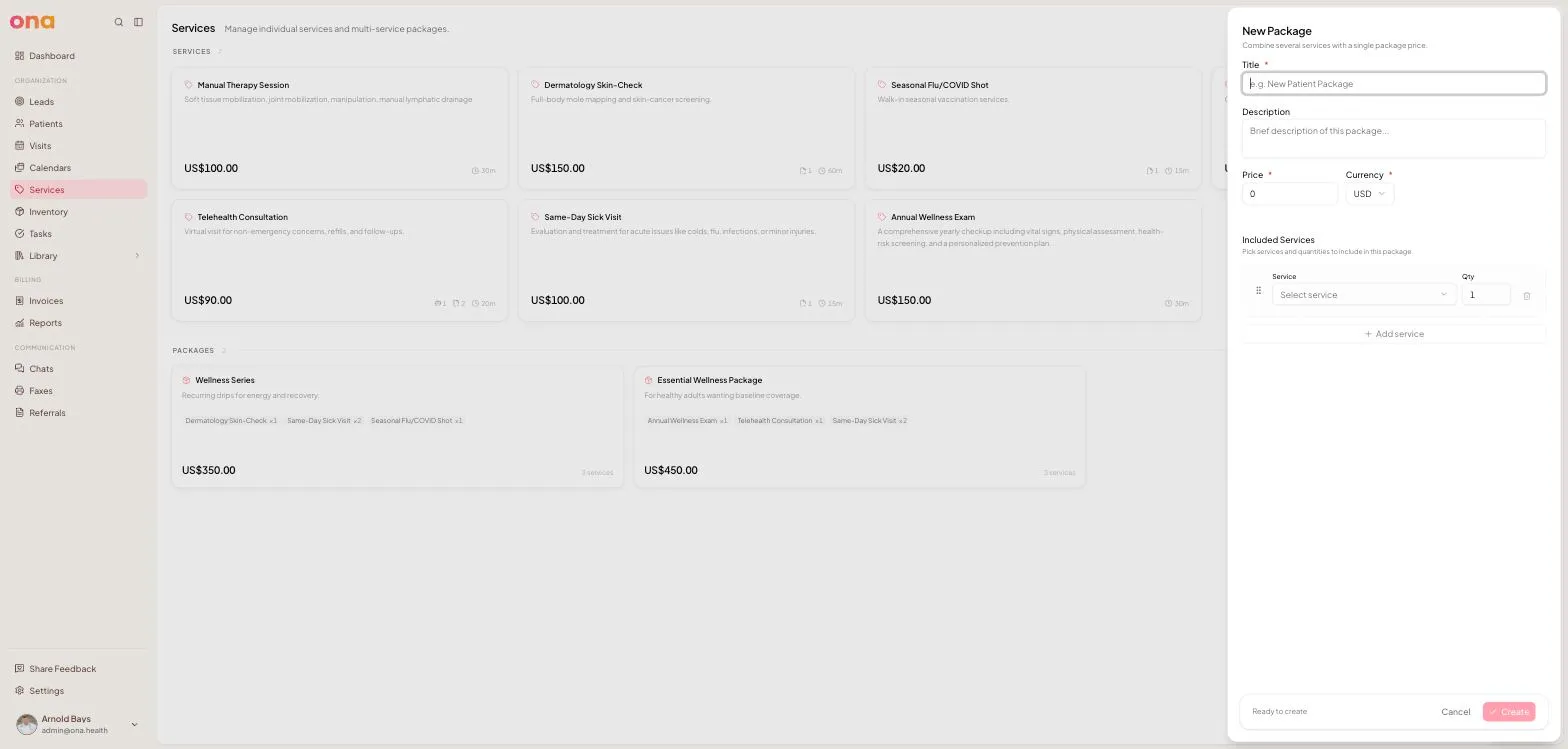 The New Package panel, with Title, Description, Price and Included Services