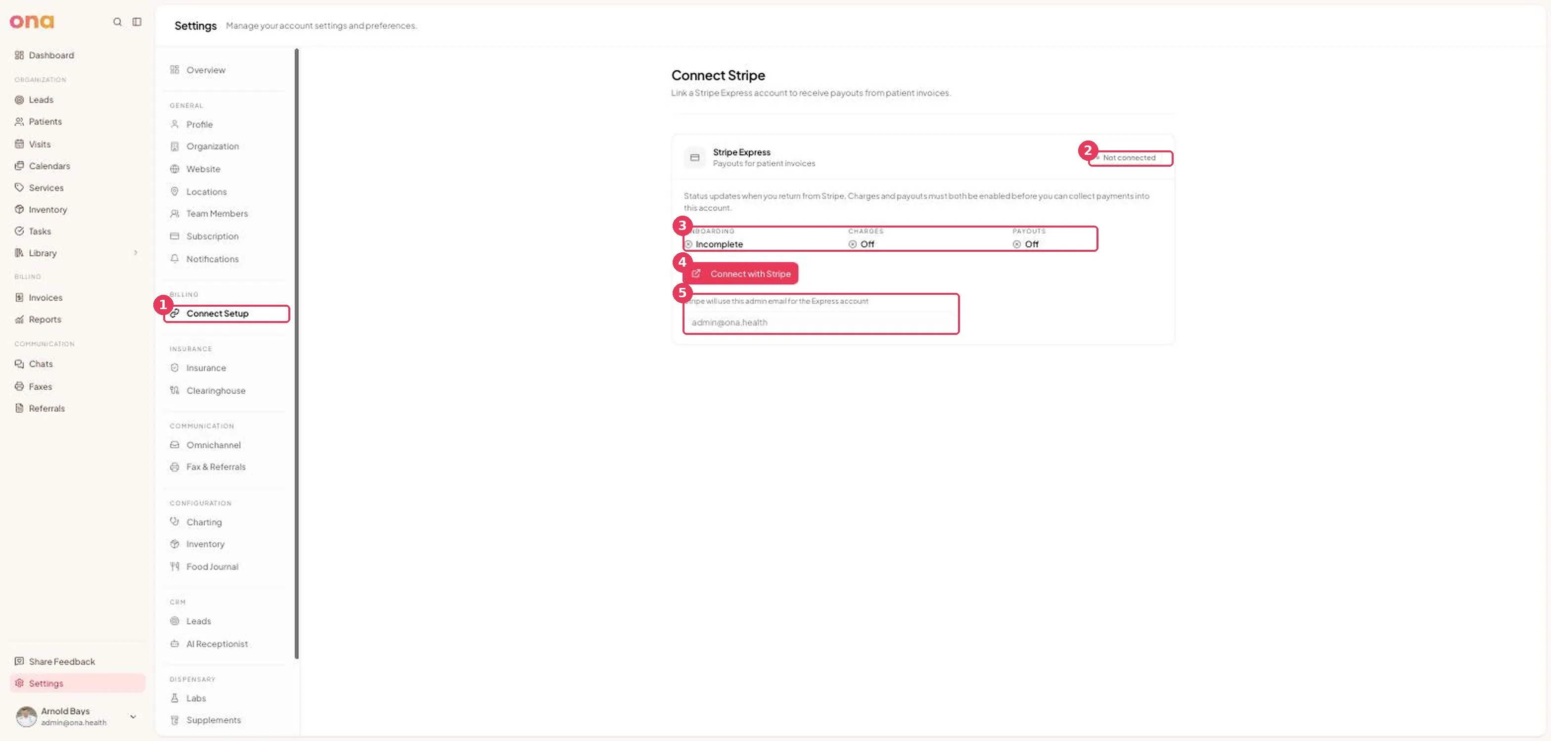 The Connect Stripe page, showing status and the Connect with Stripe button