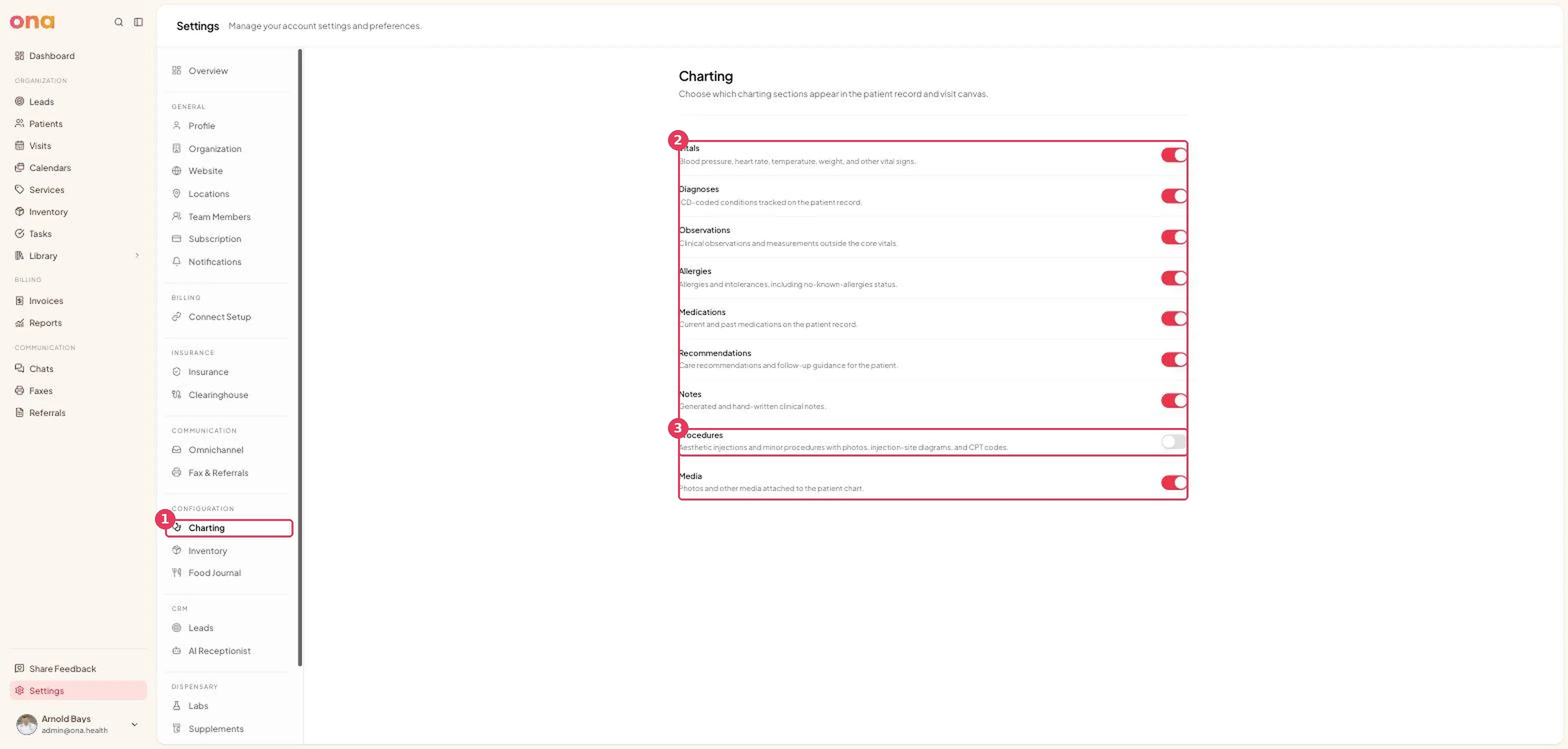 The Charting settings page, with a toggle for each section